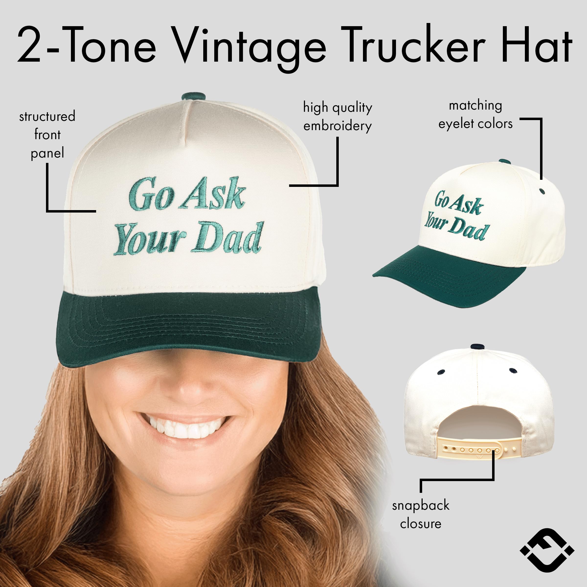 Two-Tone Canvas Snapback Baseball Cap for Women and Men - Go Ask Your Dad - Beige/Green & Let Me Ask My Wife - Beige/Navy
