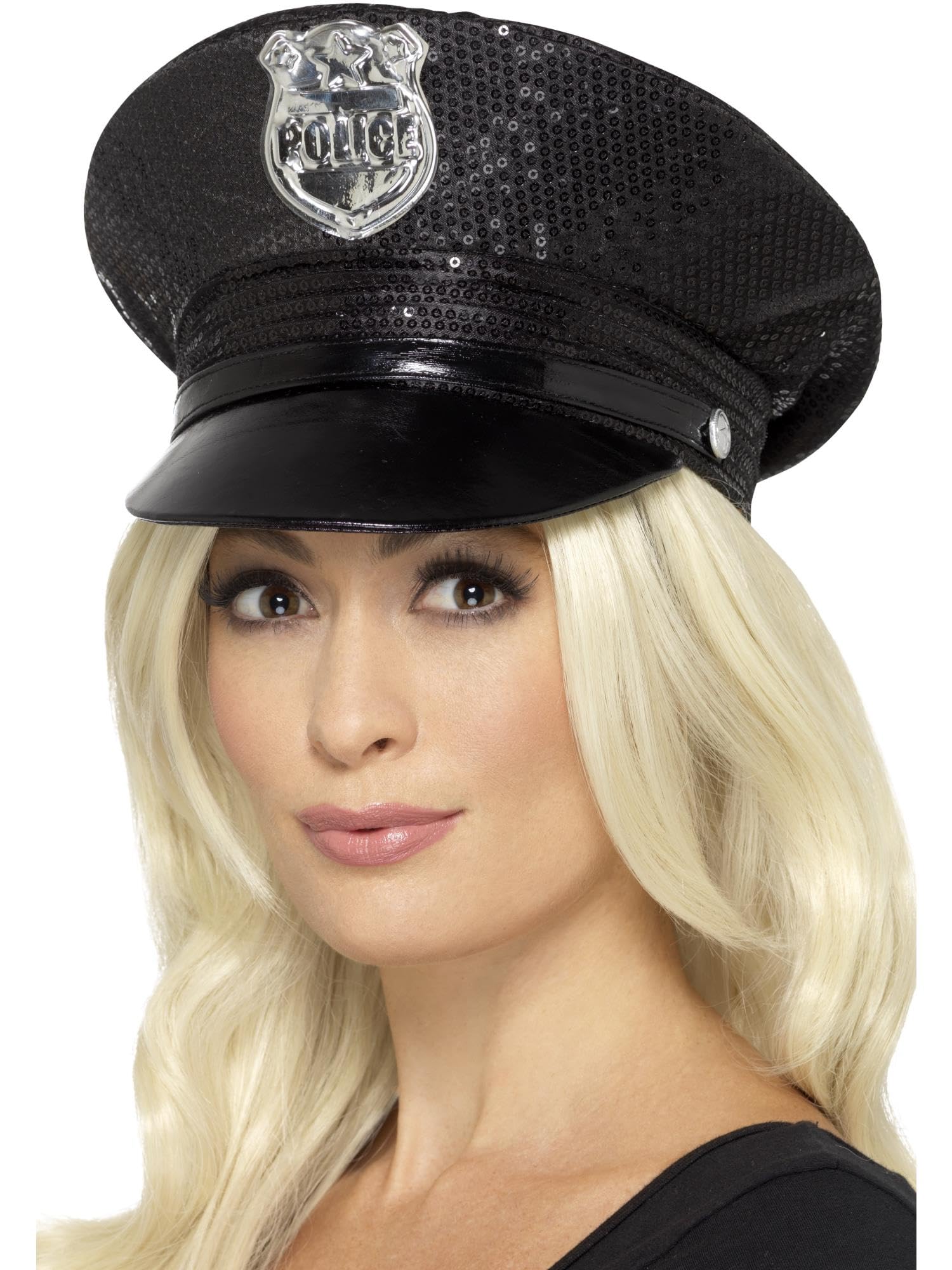 Smiffys Fever Sequin Police Hat, Black, Fever Accessories Fancy Dress, Cops and Robbers Dress Up Hats