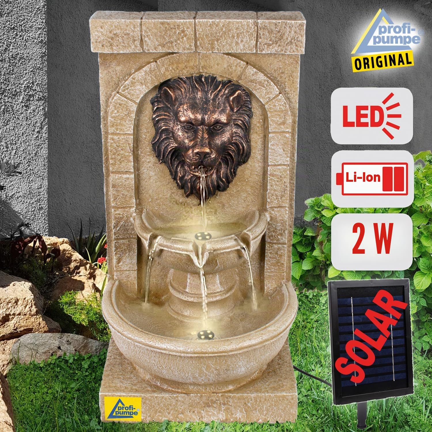 Fuente Solar de jardín, Fuente Decorativa, Fuente Interior, Fuente con luz LED, Fuente de Agua en Cascada para jardín, terraza, balcón (Fuente Solar con luz LED LÖWENHERZ)
