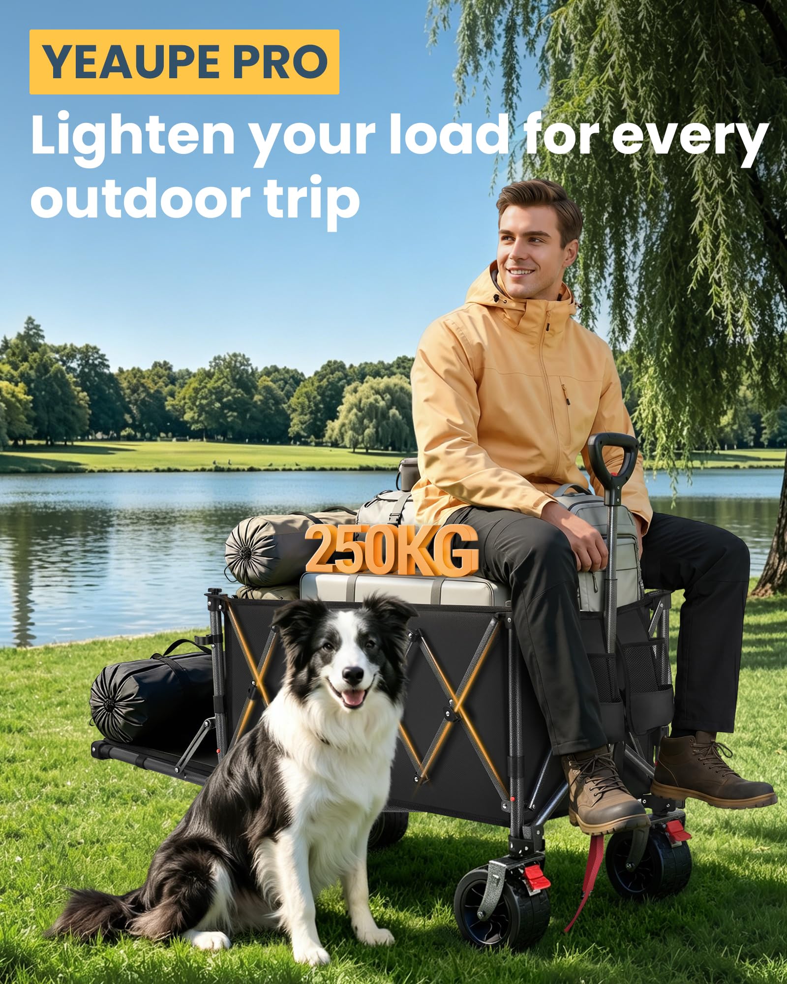 YEAUPE PRO Carro Playa Plegable con Freno 200-300L 200kg Negro | Estructura doble con panel trasero abatible, mango ajustable y diseño plegable para objetos largos en playa, camping y jardín