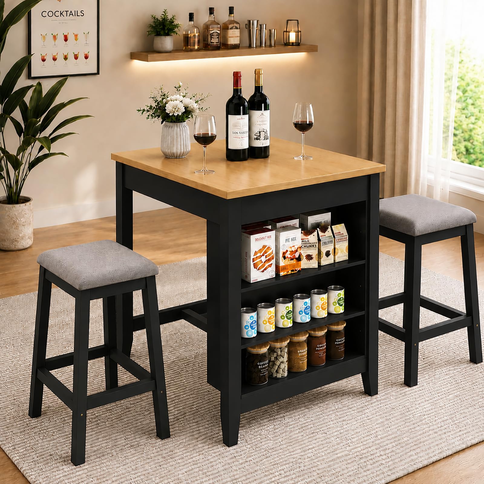 HOLTICO Breakfast Bar Table and Stools Set, Small Dining Table and 2 Chairs