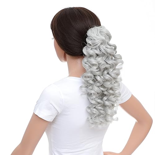 Miniatura 4 de SWACC Extensiones de cola de caballo sintéticas de 12 pulgadas con clip con cordón de coleta rizada para cola de caballo con clip de mandíbula (gris