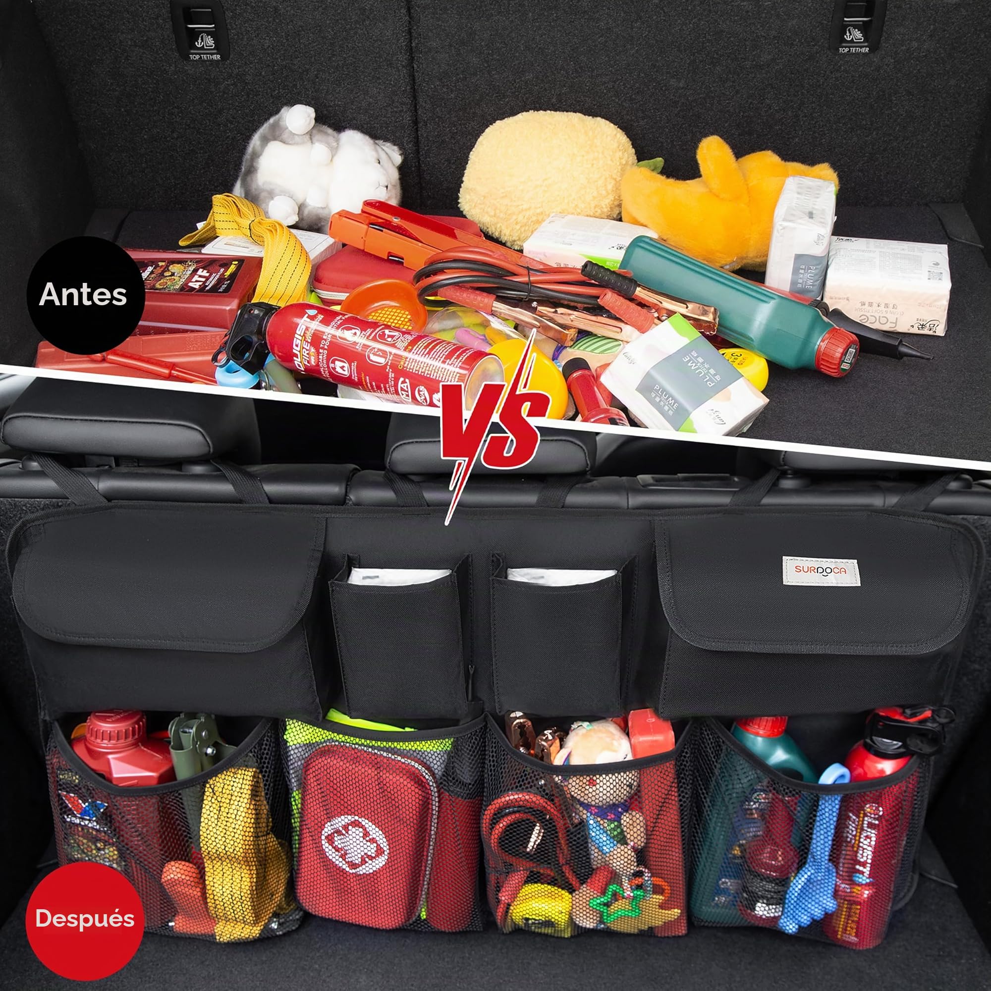 SURDOCA Organizador Coche, 4 Gen 110 * 48 cm Capacidad Extra Grande - XL, Organizador para Colgar en el Asiento Trasero del Coche, Experto en Ahorro de Espacio, Negro