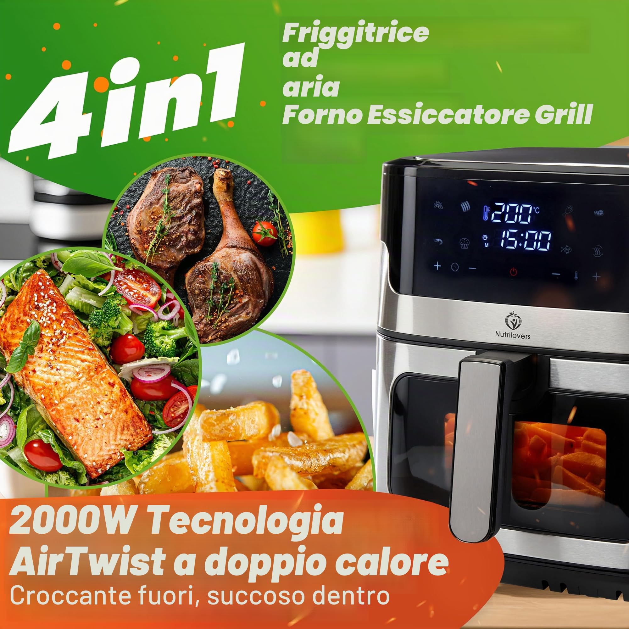 Nutrilovers NUTRI-FRYER - Friggitrice ad aria calda in acciaio inox, XXL, 8 l, 2000 W, con display touch a LED, tecnologia Double Heating, finestra di visualizzazione, patatine a basso contenuto di