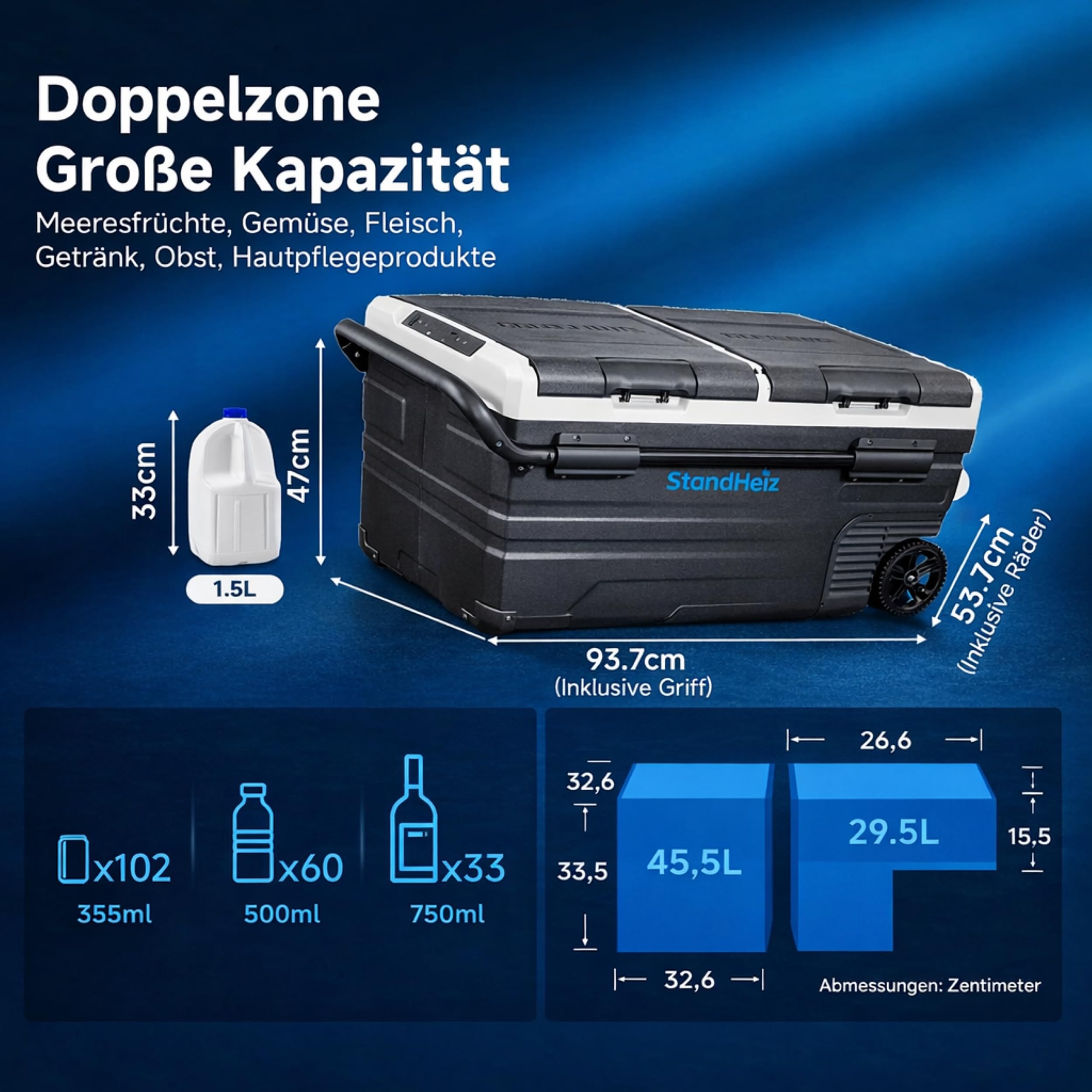 Kompressor Kühlbox 75L Dual Zone 12V 24V 230V – APP-Steuerung Tragbare Auto Kühlbox mit Gefrierfunktion bis -20°C, Leise Camping Kühlschrank für Auto, LKW, Wohnmobil, Camping