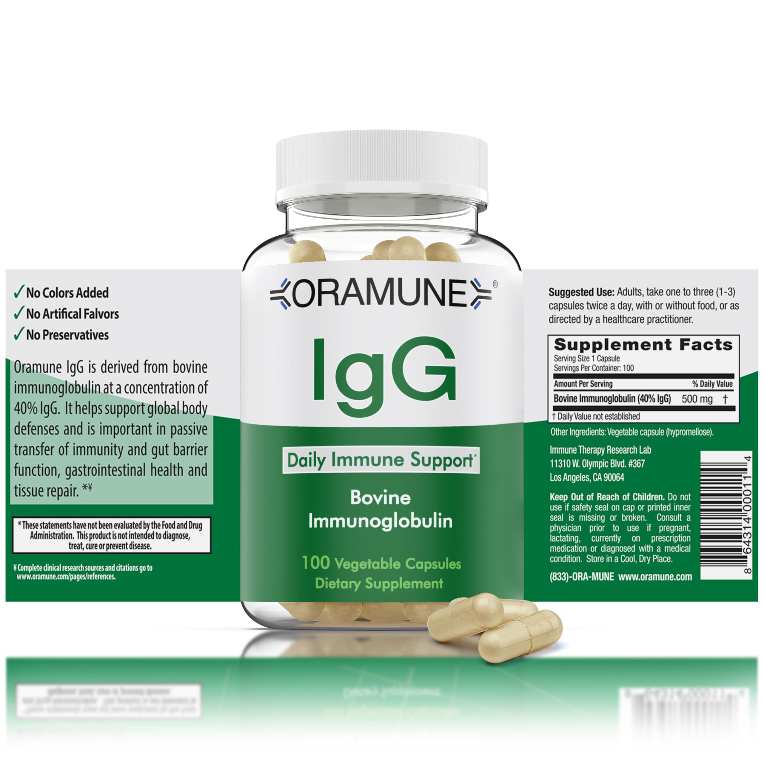 Oramune Support Supplement with Transfer Factor and Pure Colostrum IgG Supplement - 500mg Immunoglobulin - 100 Capsules