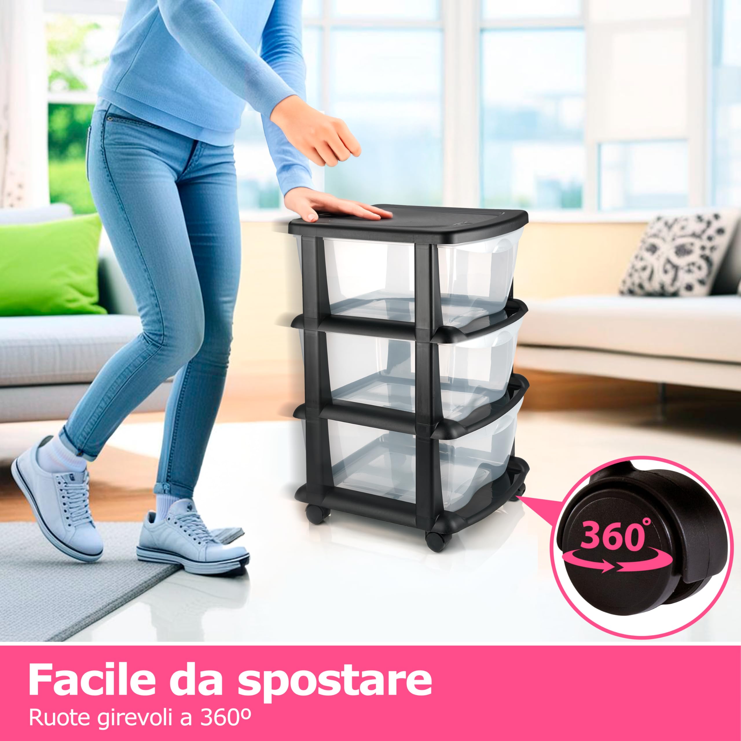 Torre di stoccaggio Cassetti in plastica | Cassettiere in plastica trasparente con ruote con cassetti | Scrivania, ufficio, scuola, bagno, soggiorno - 84x40cm - Made in EU
