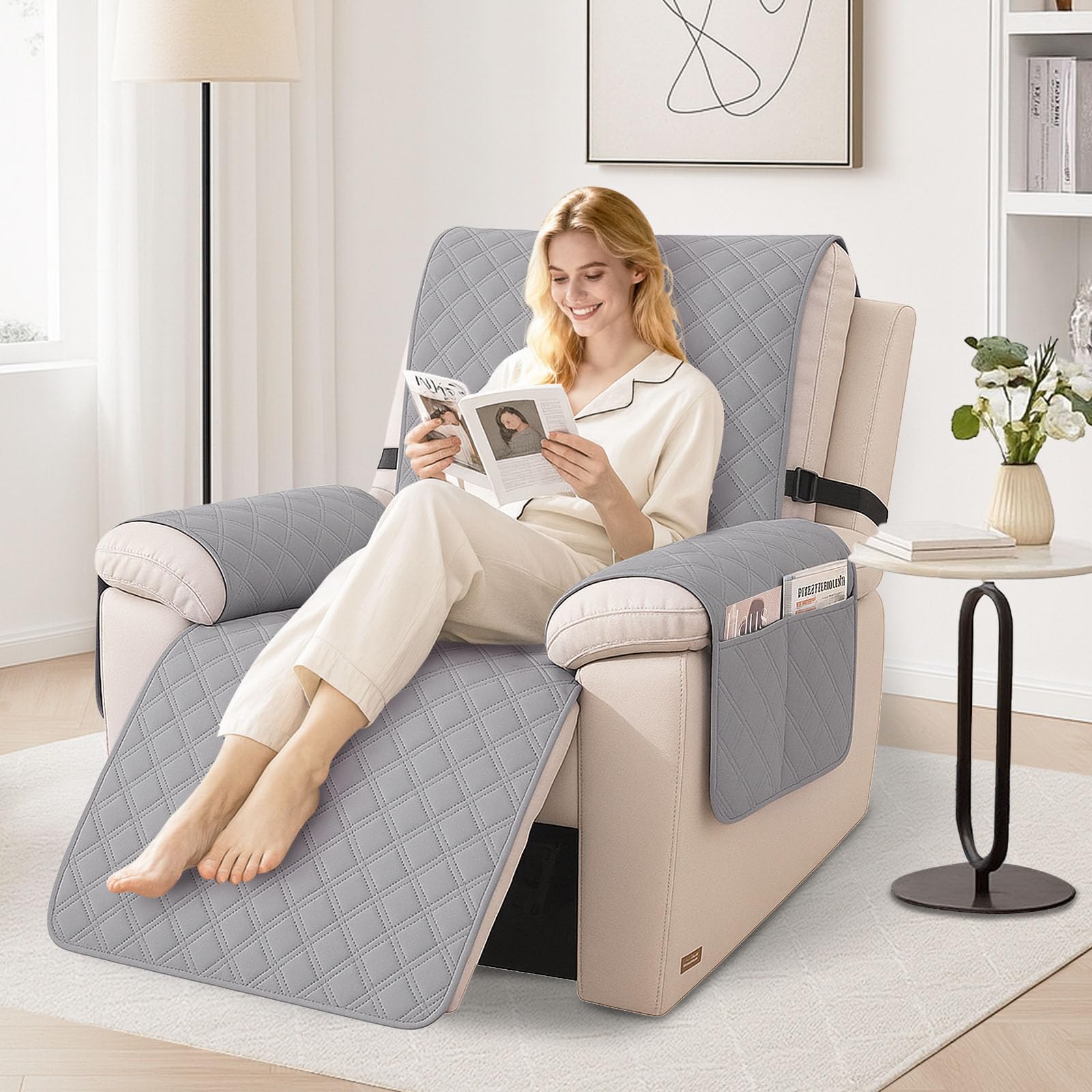 Housse Fauteuil Relax 1 Place Étanche Inclinable Antidérapant avec Poches Latérales Lavable Gris Clair