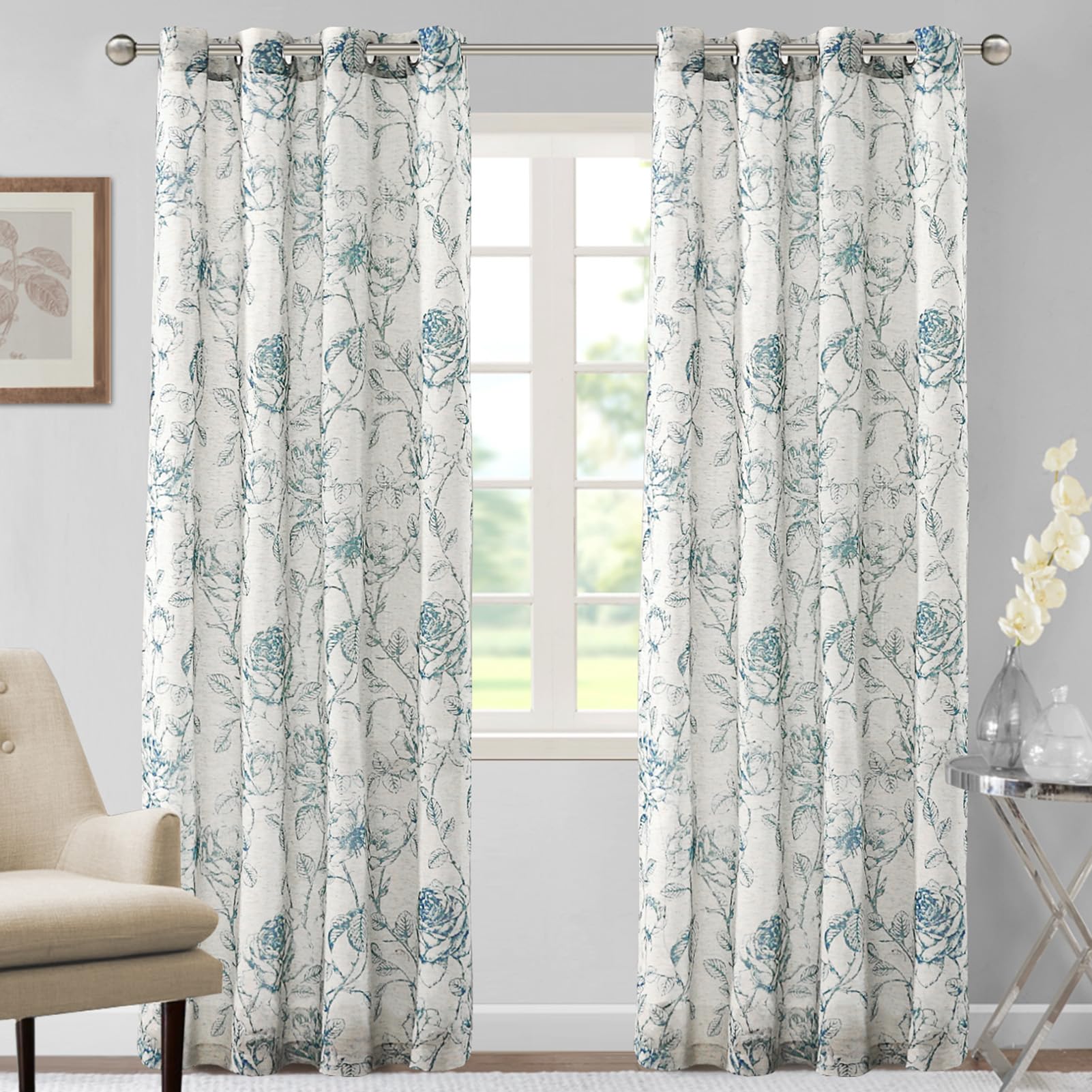 DEZYPZAM Floral Linen Semi Sheer Curtains, Light Filtering Privacy Window Curtains, Semi Sheer Window Curtain Drapes for Living Room/Bedroom (Gray Blue,52 x 96 inch)