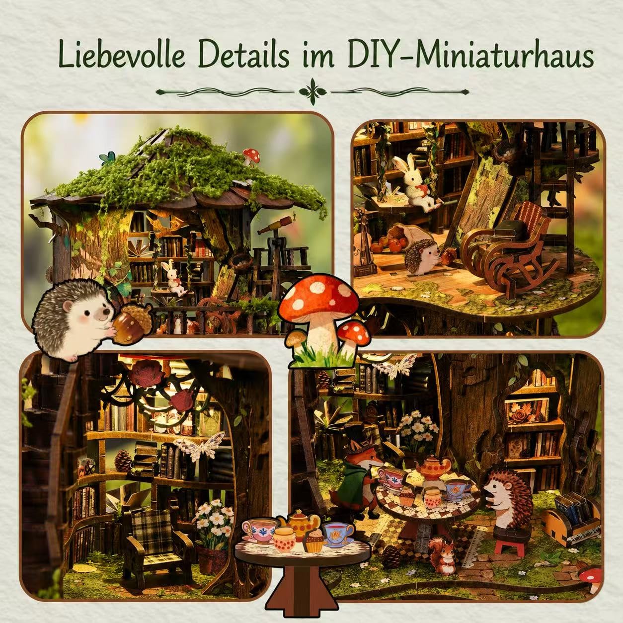 DIY Miniature House Kit, Forest Tea Book Club Fantasy Fairy Forest 3D Wooden Dollhouse with LED Light, Wooden Puzzle Building Model Kit, Stress Relief Creative Craft Gift for Adults Teens