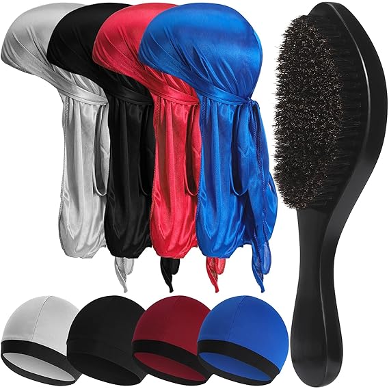 9 Pieces 360 Wave Brush Kits Silky Durags Wave Cap Long Tail Headwraps Wide Straps Waves Wig Caps and Wave Brush for Men Women