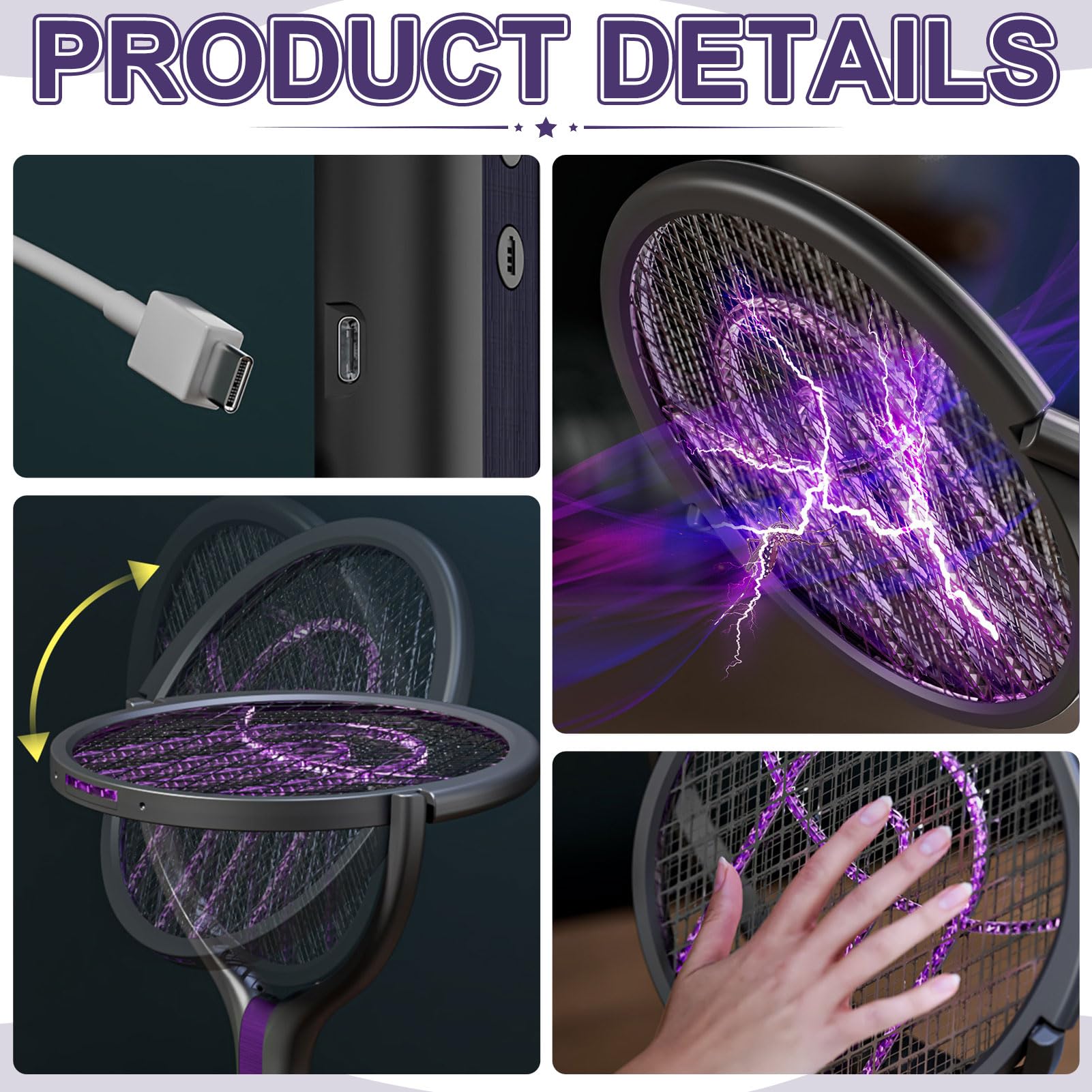 Elektrische Fliegenklatsche Extra Stark, 2 in 1 USB C mit Akku Aufladbar Elektro Mückenklatsche mit UV Lichtfalle, Rotierender Kopf Insektenvernichter Fliegenfänger mit Teleskoprohr (Teleskop-Version)
