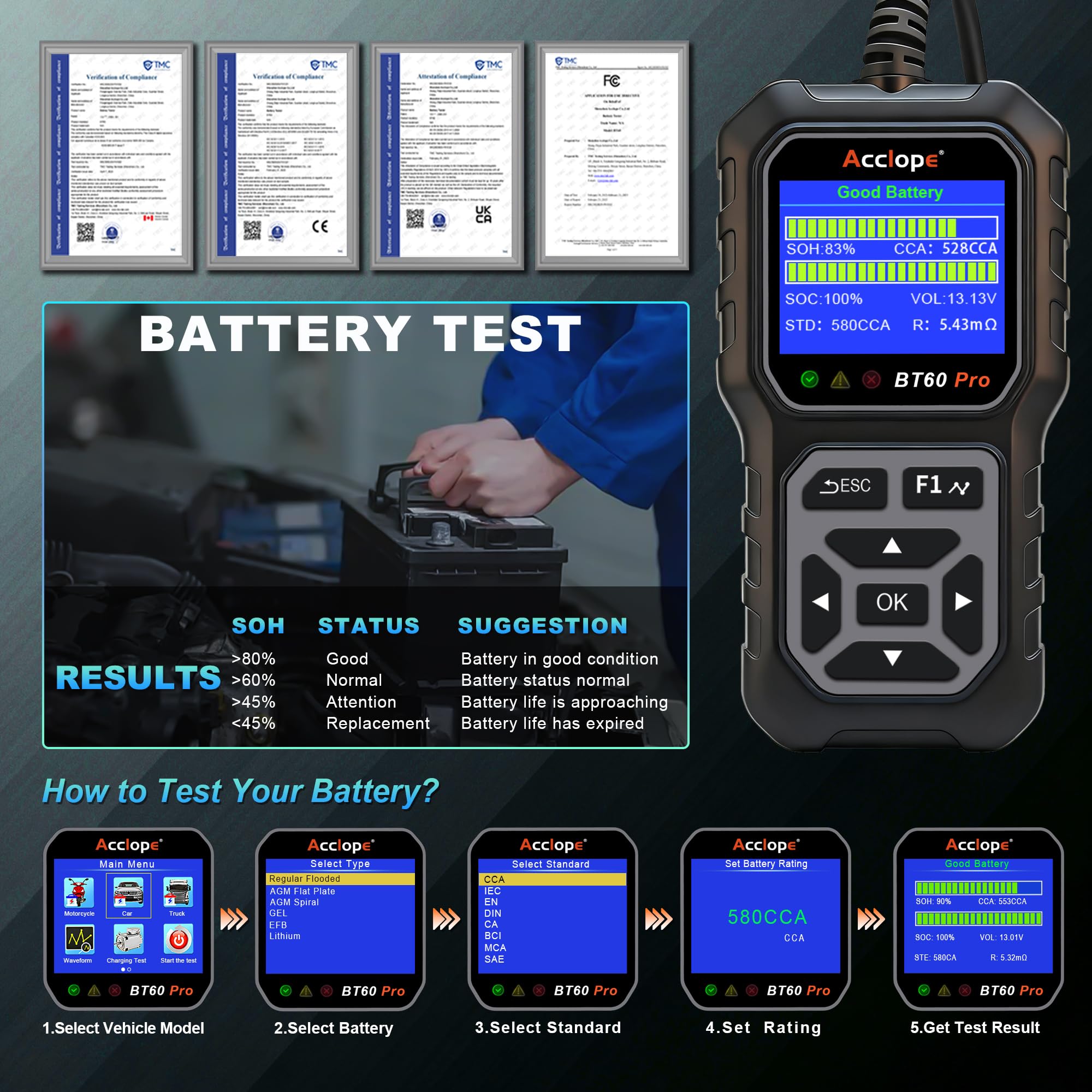 BT60 PRO tester akumulatorów 100-3000 CAC 6V/12V/24V 2-120 AH Litium/AGM/Gel/EFB analizator akumulatora samochodowego