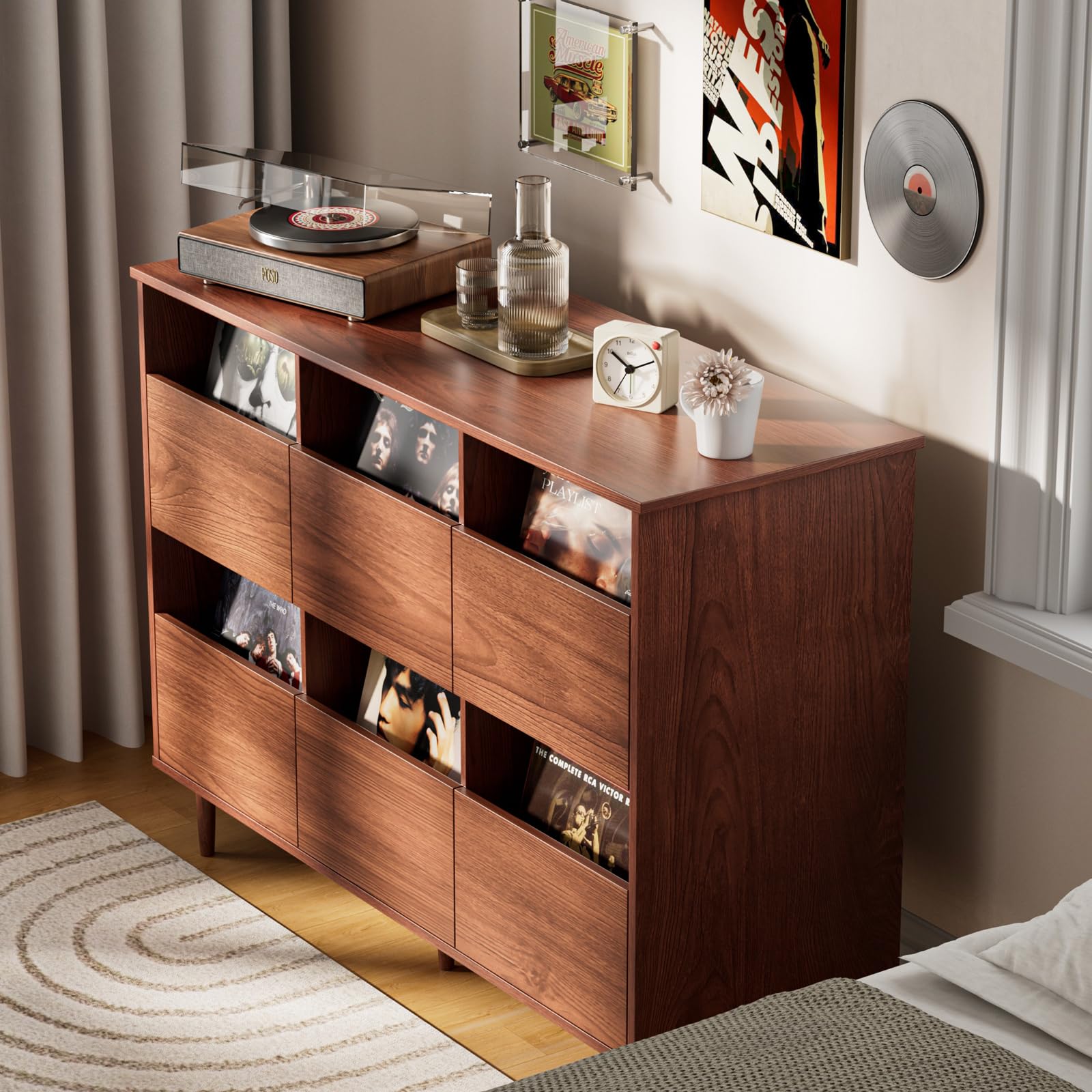 BROTTAR Großer Plattenspieler-Ständer 120 cm, Schallplattenaufbewahrung für 17/25/30 cm Platten, Mid-Century Medienschrank mit Schubladen, Schallplattenhalter für Wohnzimmer & Musikecke, Braun
