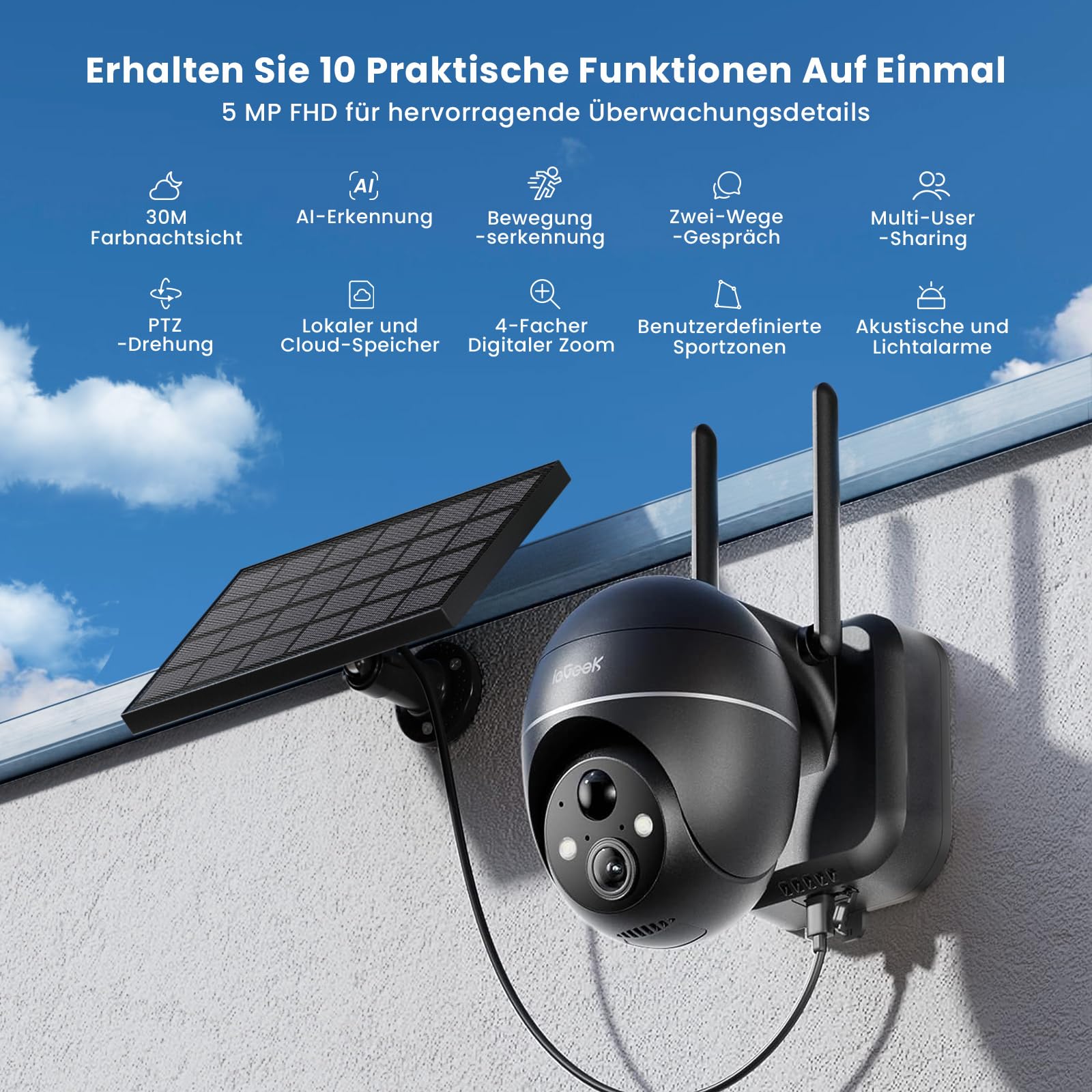 ieGeek 5MP Überwachungskamera Aussen Akku, PTZ Überwachungskamera Aussen WLAN mit Solarpanel,PIR-Bewegungsmelder, 30M Farbige Nachtsicht, Zwei-Wege-Audio, 2.4GHZ WiFi, 4DBi WLAN-Antenne,Alexa Kamera | 30m Farbnachtsicht, PIR-Bewegungsmelder, Zwei-Wege-Aud
