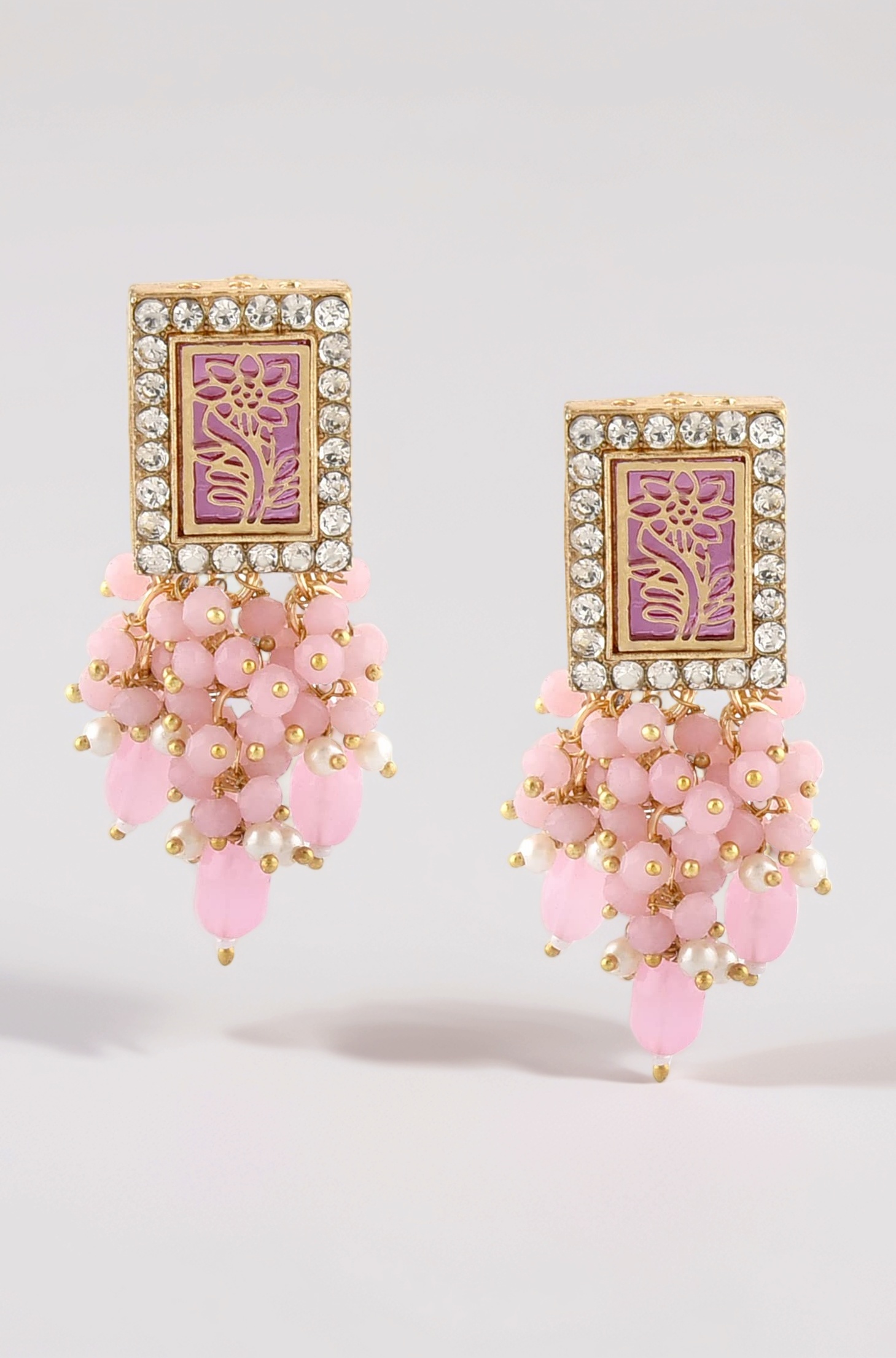 Zaveri Pearls Pink Ethnic Dazzling Austrian Diamonds & Clustered Beads Yellow Gold Drop Earring For Women-ZPFK15221