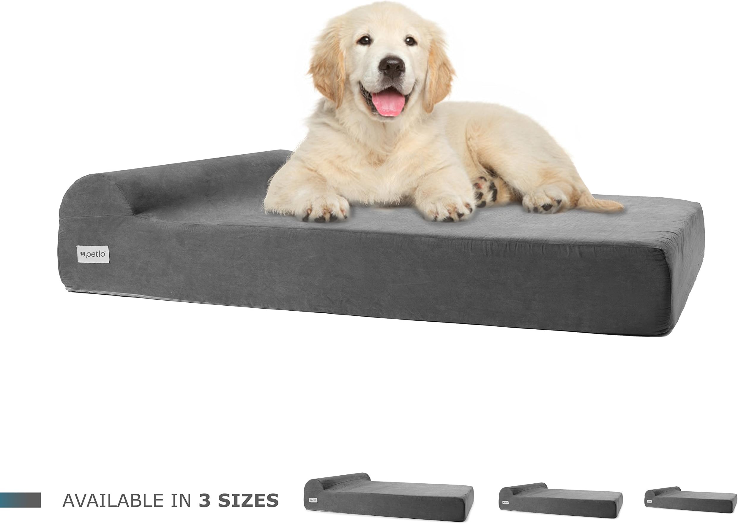 Petlo Large Orthopedic Pet Bed for Big Breed Dogs with Head Rest - Soft and Comfortable Memory Foam - Water Resistant - Removable Machine Washable Micro Suede Cover - 50"x32"x7"