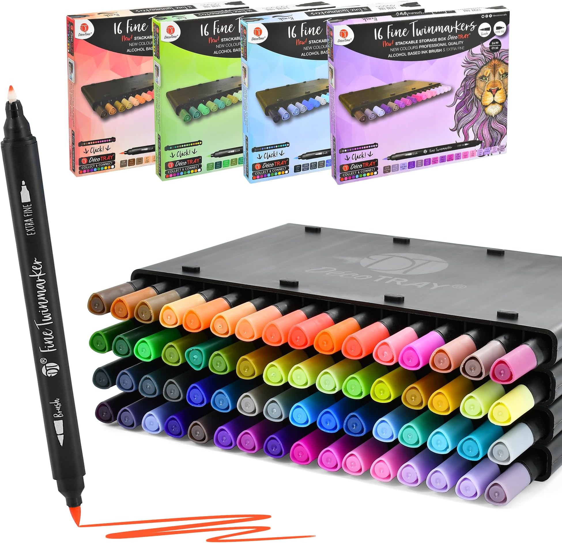 Fine Alcohol Markers with Stackable Alcohol Marker Storage Tray - 16 Twin Exra Fine & Brush Markers - Coloured Marker Pens for Adults, Kids - Quick Dry Art Supplies for Drawing & Colouring