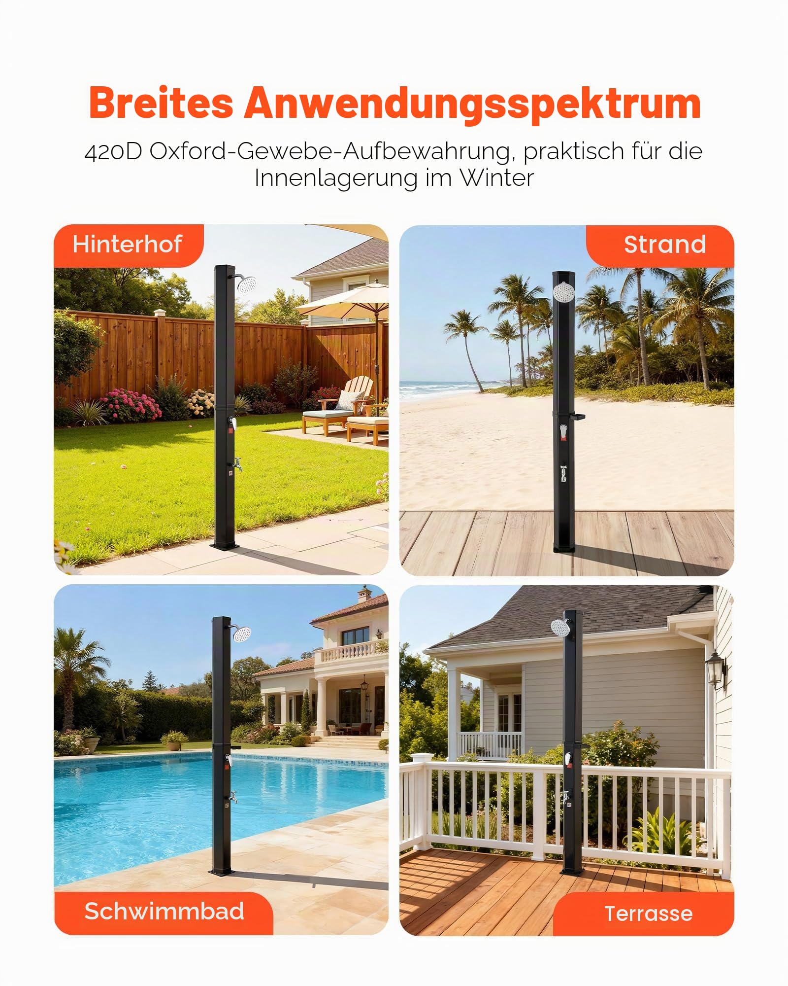 VEVOR Solardusche 35 L, Solar Gartendusche 2160 mm Hoch, Pooldusche mit Seifenablage, Warm- & Kaltwasserregulierung, Freistehend, Campingdusche für Garten, Poolbereich, Strandpool, Schwarz