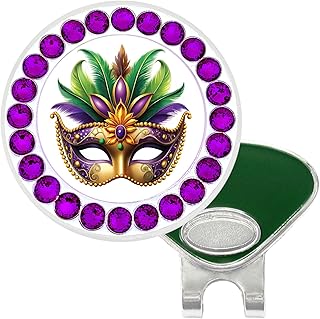 Mardi Gras Mask Golf Ball Marker with Austrian Crystals | Hat Clip Included | New Orleans Carnival Themed Gift for Golfers | Fun Golfing Accessory