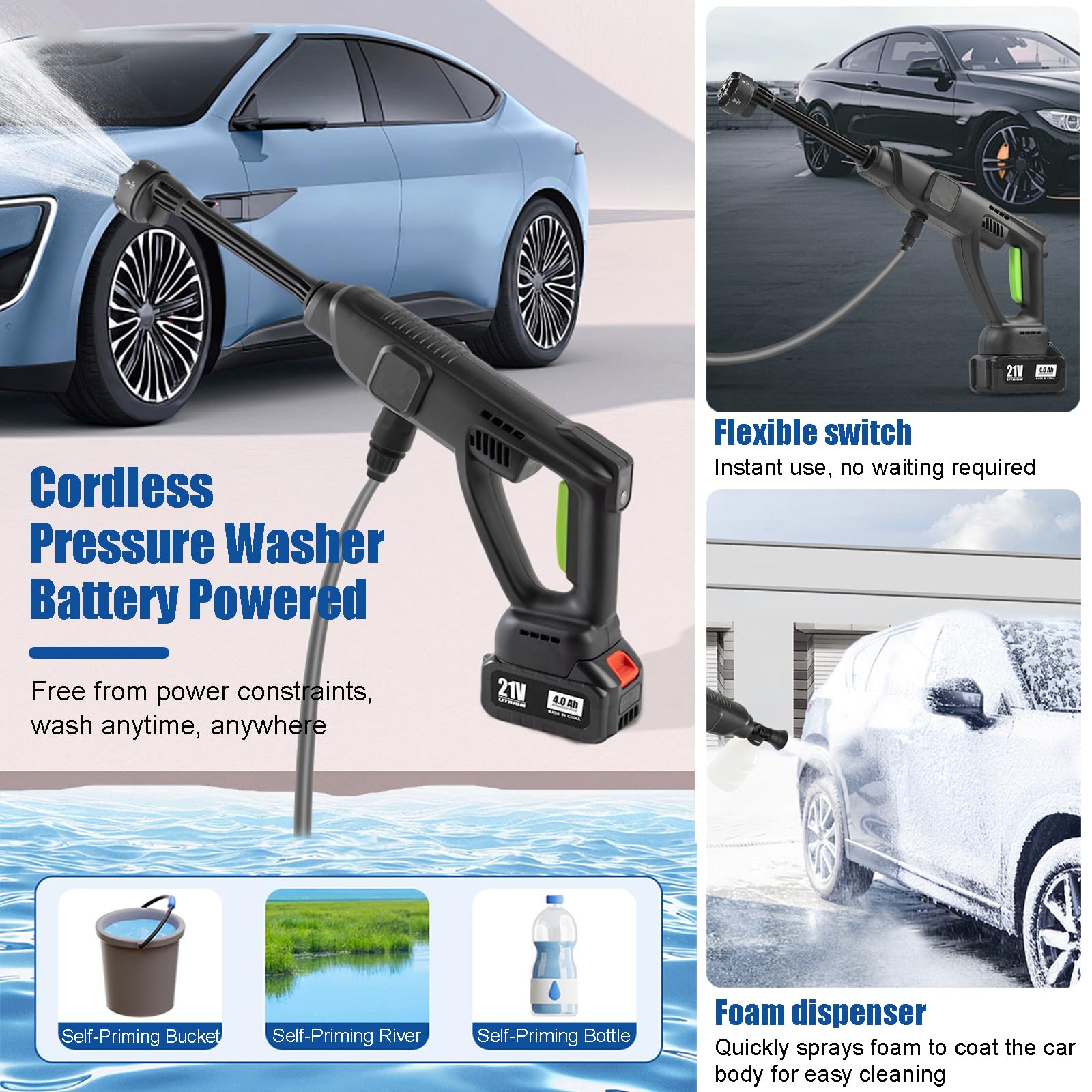 GOURIXIN Hidrolimpiadora a Batería, Pistola de Agua a Presión Hidrolimpiadora Eléctrica Portátil con 2 Baterías, Boquilla 6 en 1, Tubo 5m y Filtro, para Coche, Jardín, Terraza, Césped Riego