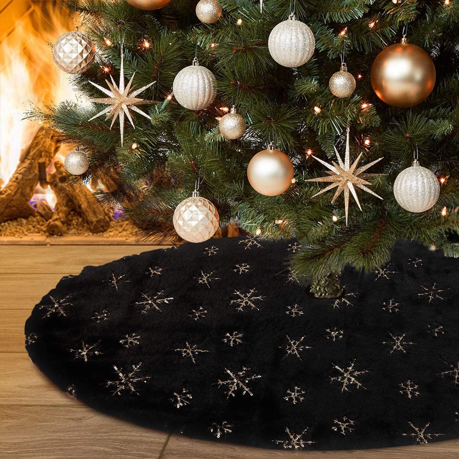 Nero Gonna per Albero di Natale con Fiocchi di Neve Falso Pelliccia Insieme A Paillettes Dorate Tappetino per Albero di Natale per Festa di Vacanza Ornamenti per Interni Ed Esterni,122cm(48inch)