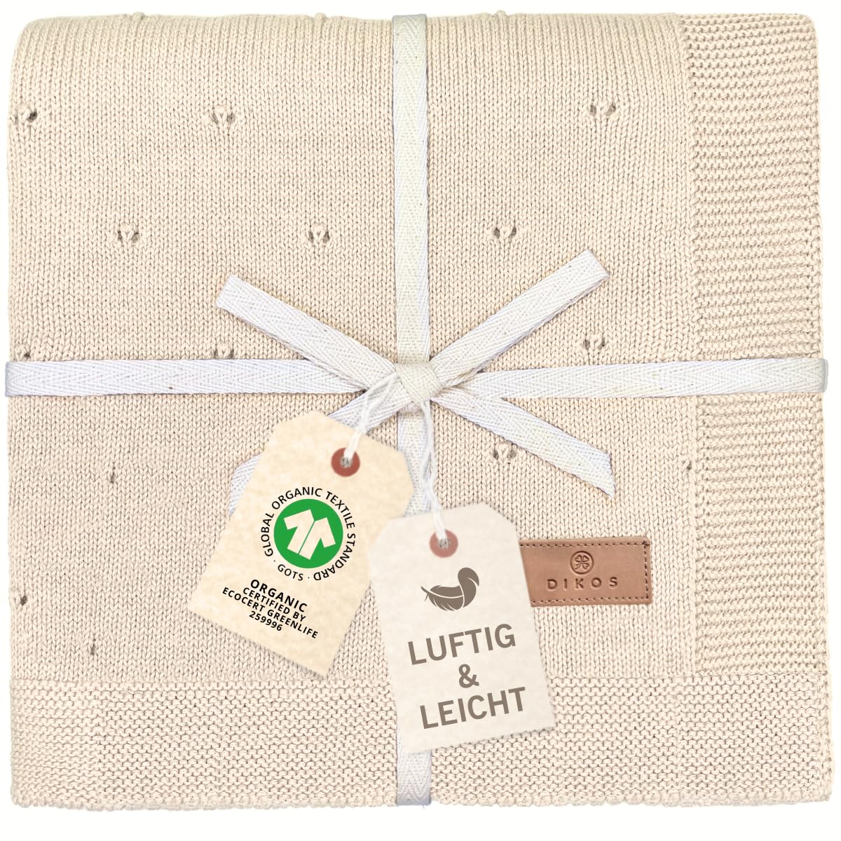 DIKOS® Babydecke Ajour Strick naturbeige – luftig-leichte Neugeborenen Decke aus weicher Bio-Baumwolle (GOTS/Oeko-TEX 100) – Ideal als Kuscheldecke und Baby Erstausstattung - Geschenk zur Geburt