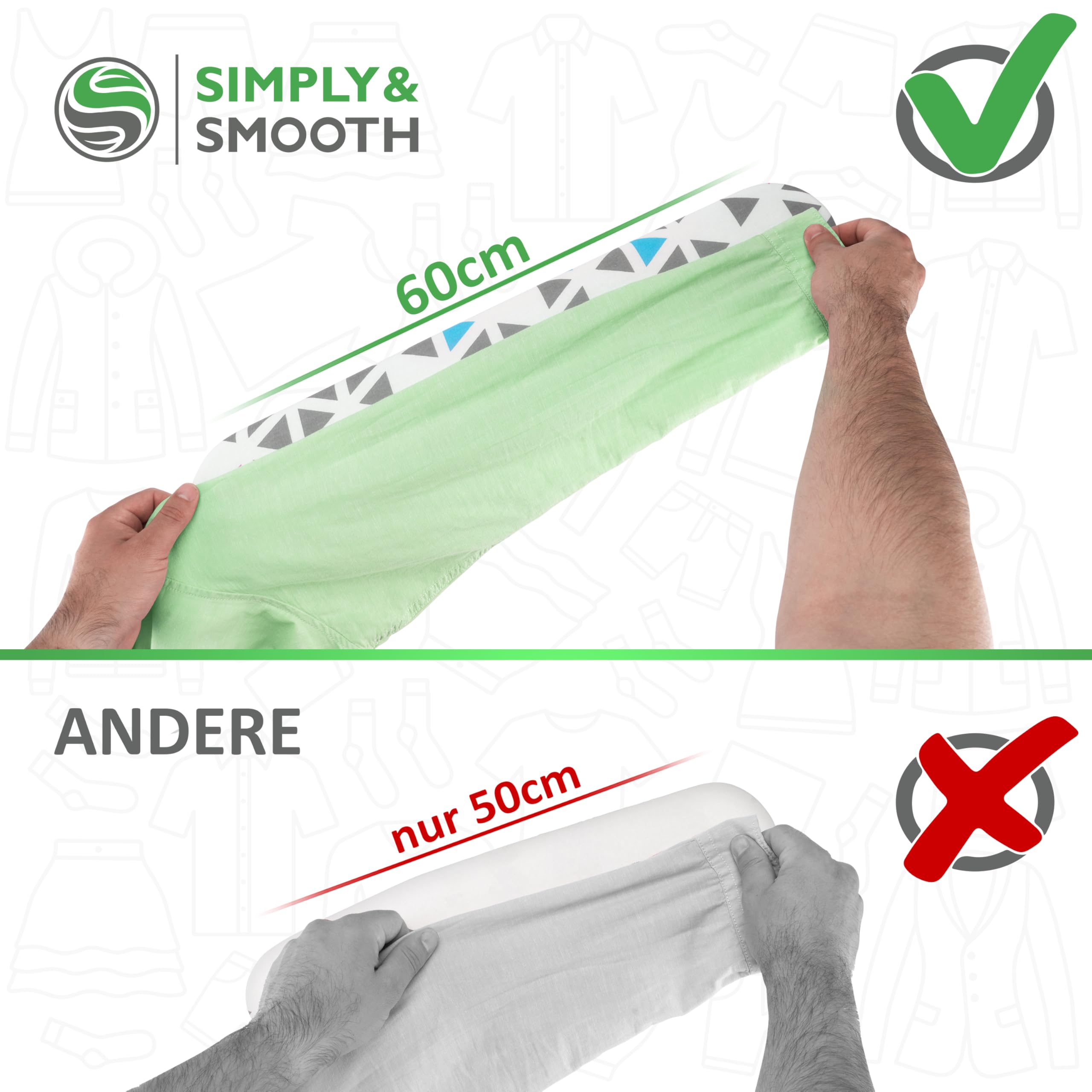 SimplySmooth asse da stiro pieghevole per maniche 60x10 cm – extra lungo, con blocco stabile e copertura premium, ideale per camicie e bluse, appendibile
