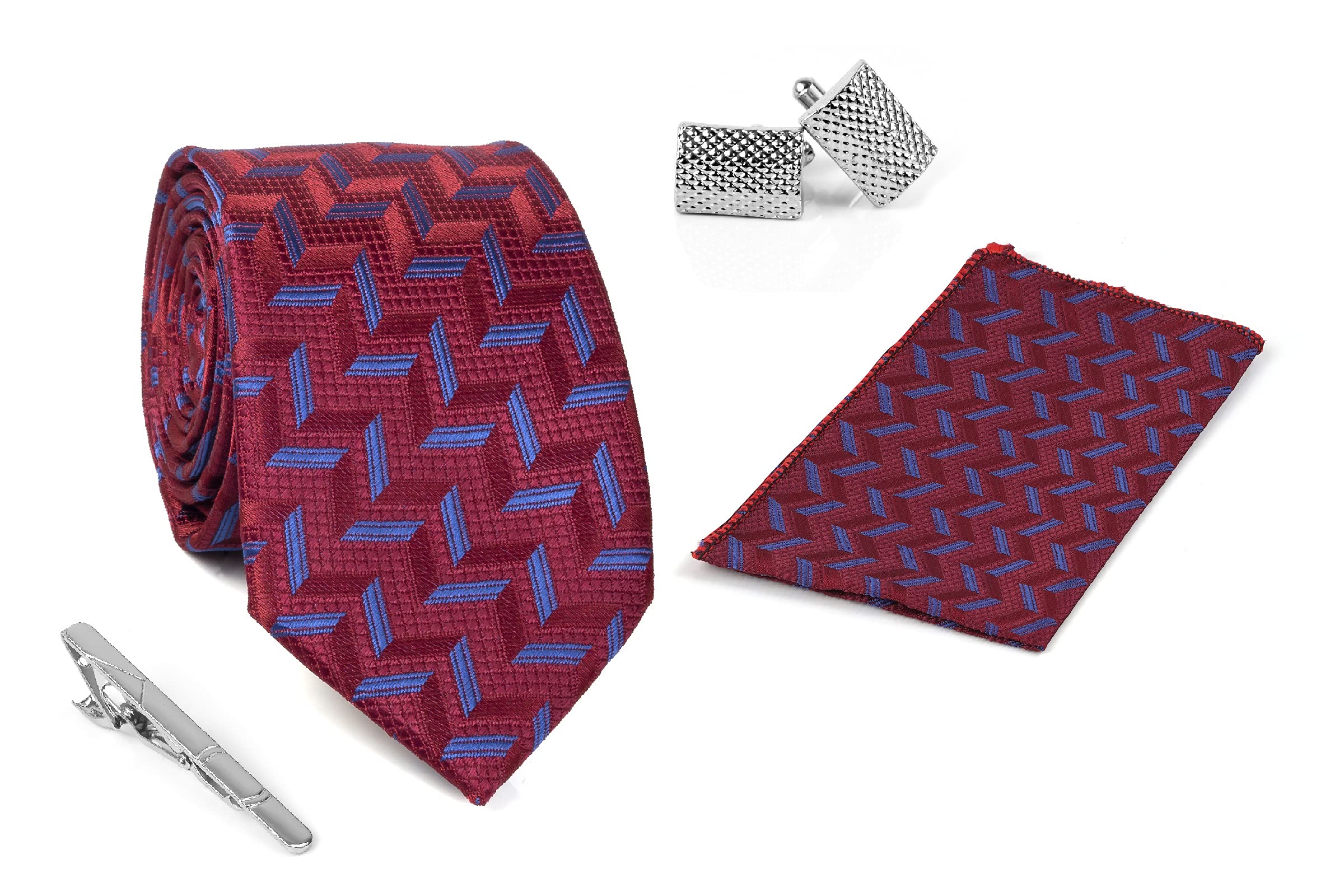 AehtMen's Necktie, Pocket Square, Tie Pin and Cufflink Set 3 inch width, 58 inch length 1500 TTPC Maroon
