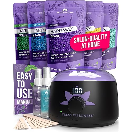 Tress Wellness Waxing Kit for Sensitive Skin, Safe for Face & Skin, Prep & Aftercare Spray, Easy to Use, At-Home Kit for Face, Bikini, Brazilian & Full Body - Digital Display, Black Purple Flower