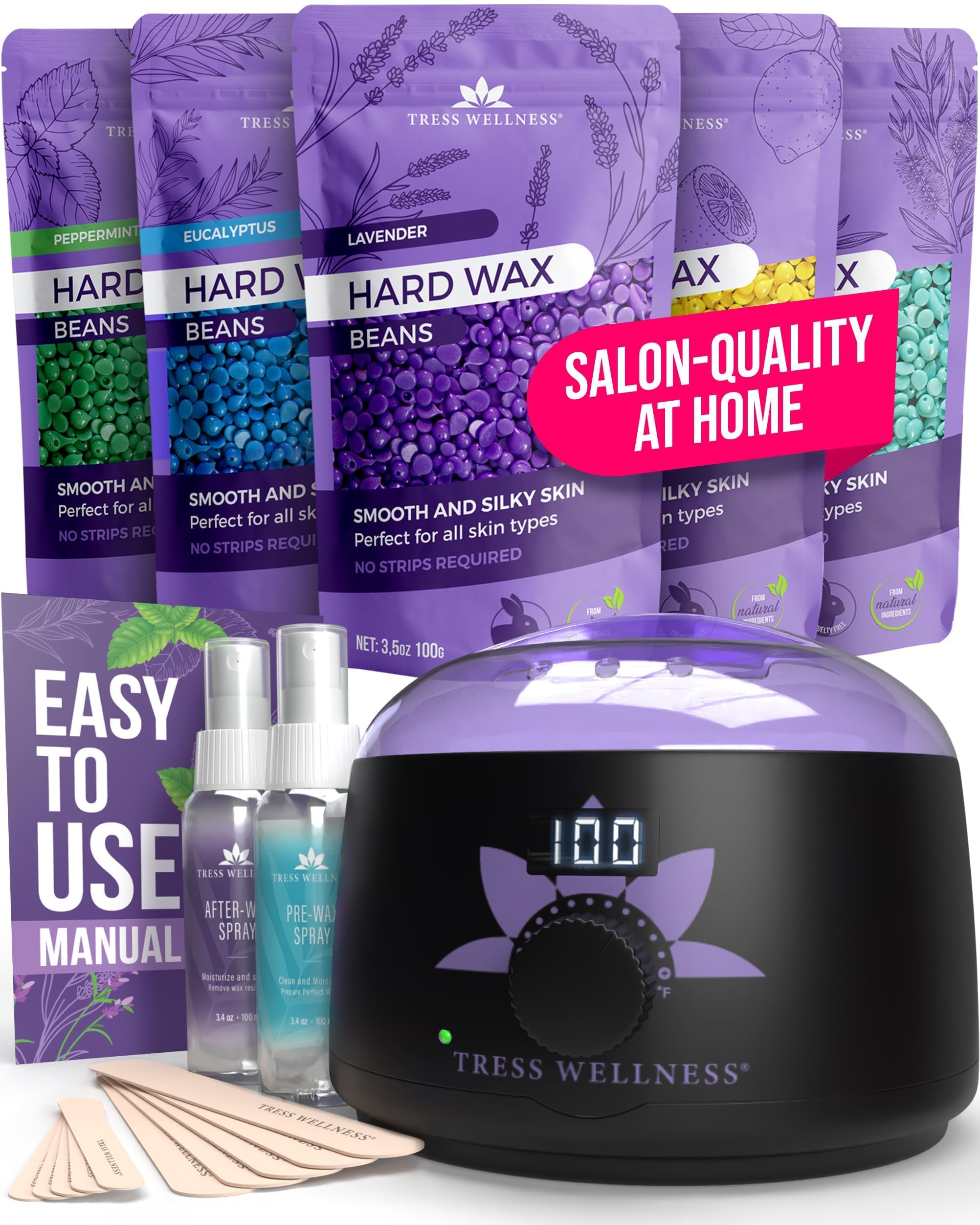 Tress Wellness Waxing Kit for Sensitive Skin, Safe for Face & Skin, Prep & Aftercare Spray, Easy to Use, At-Home Kit for Face, Bikini, Brazilian & Full Body - Digital Display, Black Purple FlowerClimatePartner certified