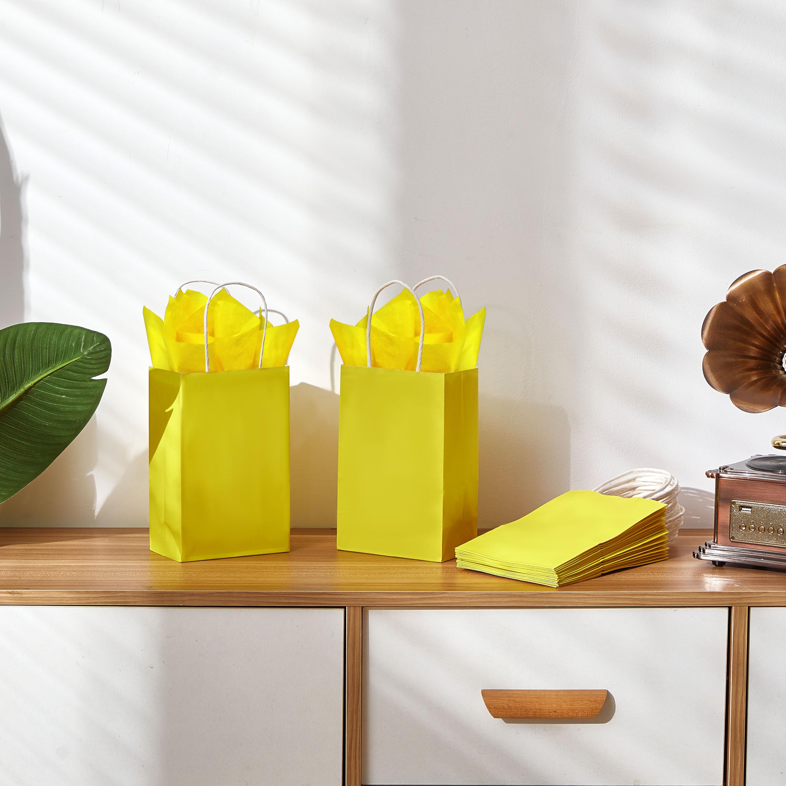 SUNCOLOR 24-Pack Yellow Paper Gift Bags with Handles, 7.9x5.12x3.15 Inches,Small Kraft Paper Bags, Includes Tissue Paper for Parties, Birthdays, Easter, Baby Showers