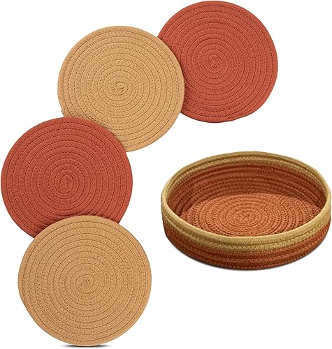 Miniatura 1 de Juego de 5 salvamanteles para ollas y sartenes calientes - Salvamanteles de cuerda tejida de algodón puro para platos calientes con cesta de