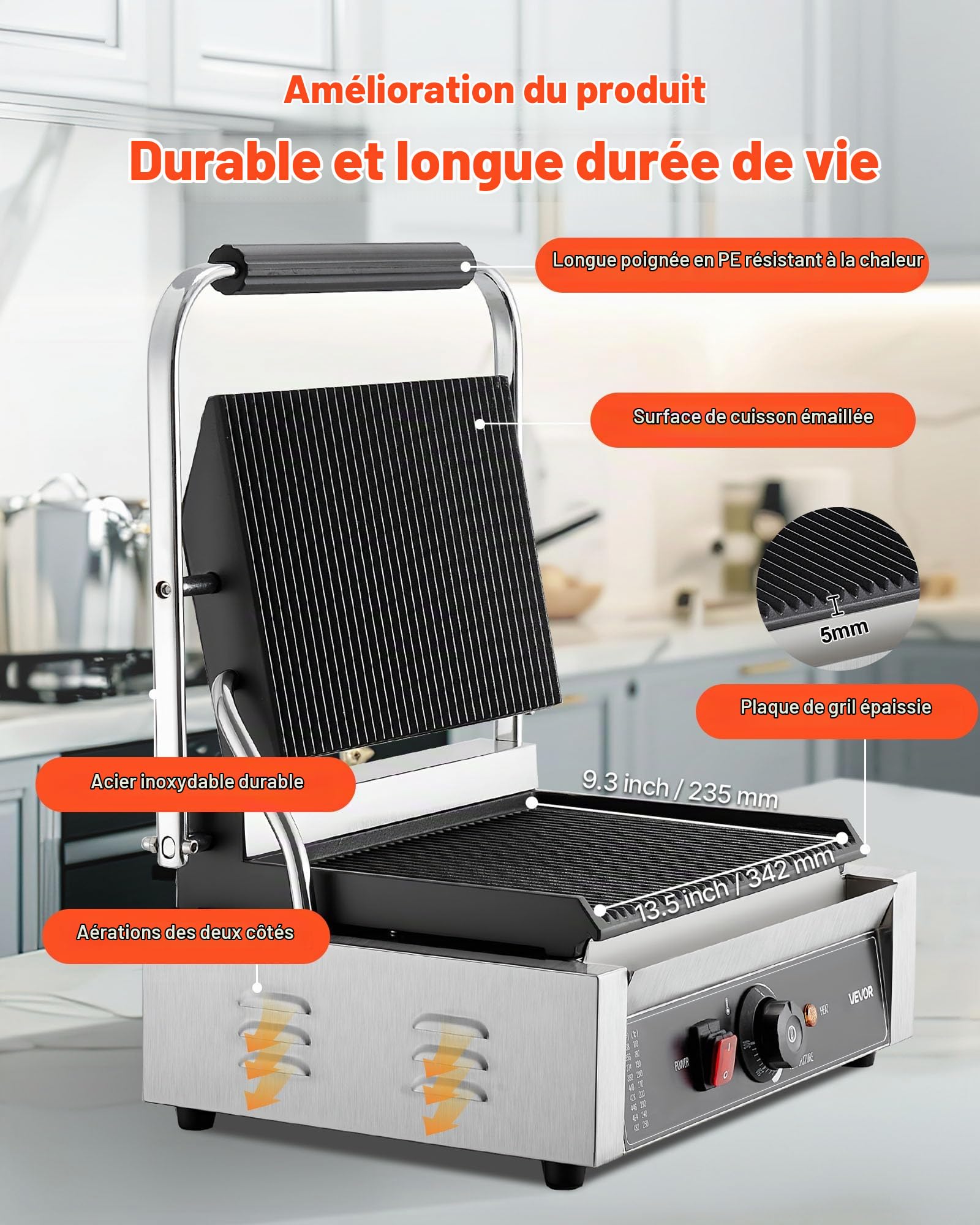 VEVOR Gril Panini Électrique 2200 W, Machine à Panini avec Plaque Émaillée Plate de 34x23 cm, Appareil à Sandwich en Inox, avec Poignée et Contrôle de la Température, pour Hamburger, Steak, Cuisine