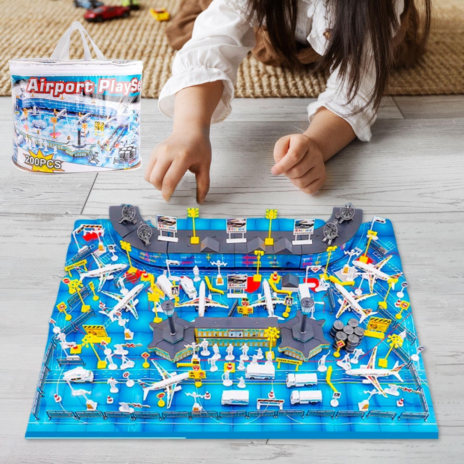 F Fityle Giocattoli per Bambini con Terminal aeroportuale, modellini di aeromobili, Set di Simulazione di scenari aeroportuali di Lusso, compagnie aeree finte, 200 Pezzi