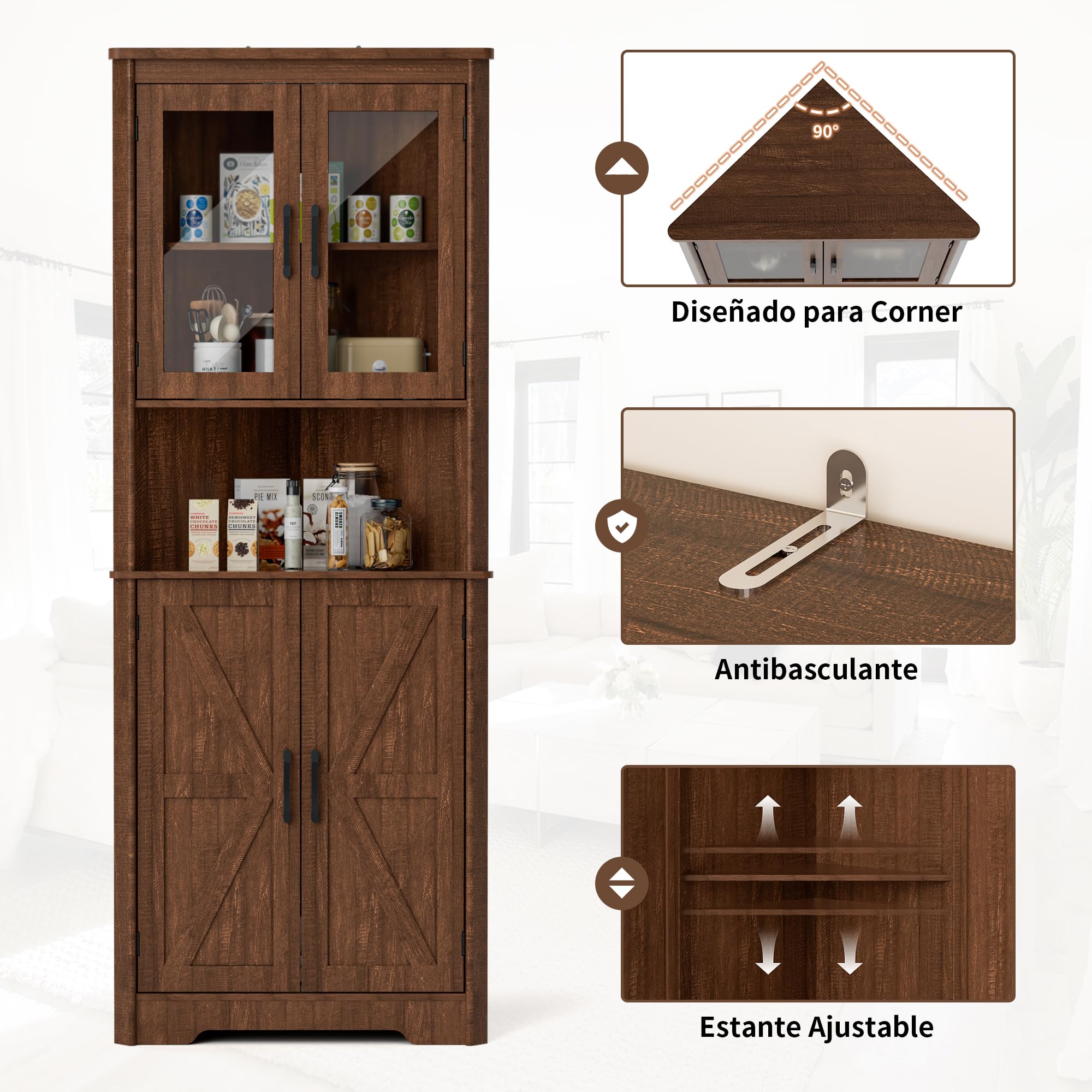 BonVache Armario de esquina alto y estrecho para el baño con 2 puertas y 5 estantes, armario de almacenamiento para cocina, dormitorio, sala de estar, estante de esquina de 170 cm, marrón
