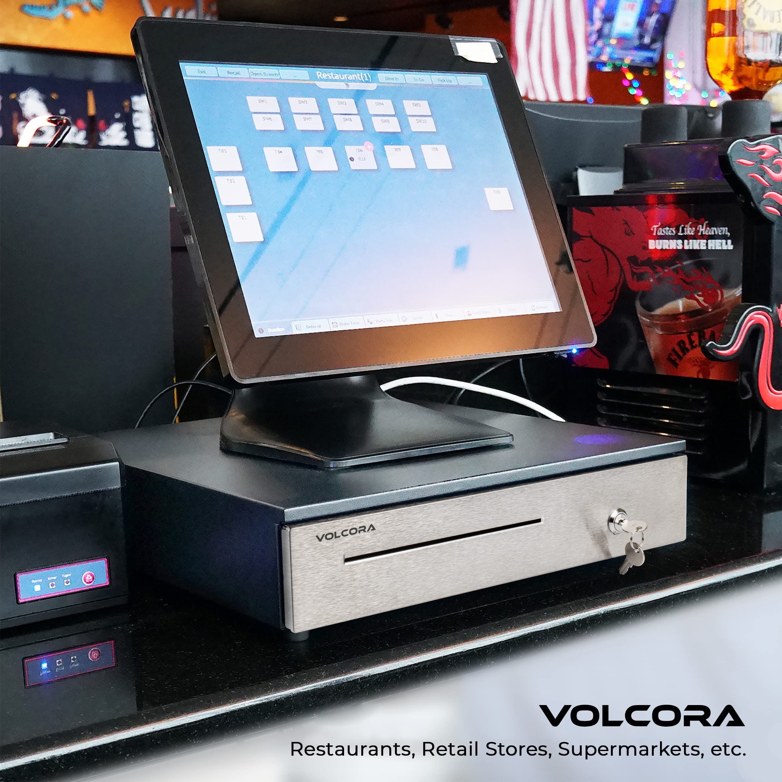 Volcora Tiroir de caisse enregistreuse pour système de point de vente (POS) de 40,6 cm, plateau amovible en acier inoxydable, 5 billets/7 pièces, 24 V, serrure à clé RJ11/RJ12, fente multimédia