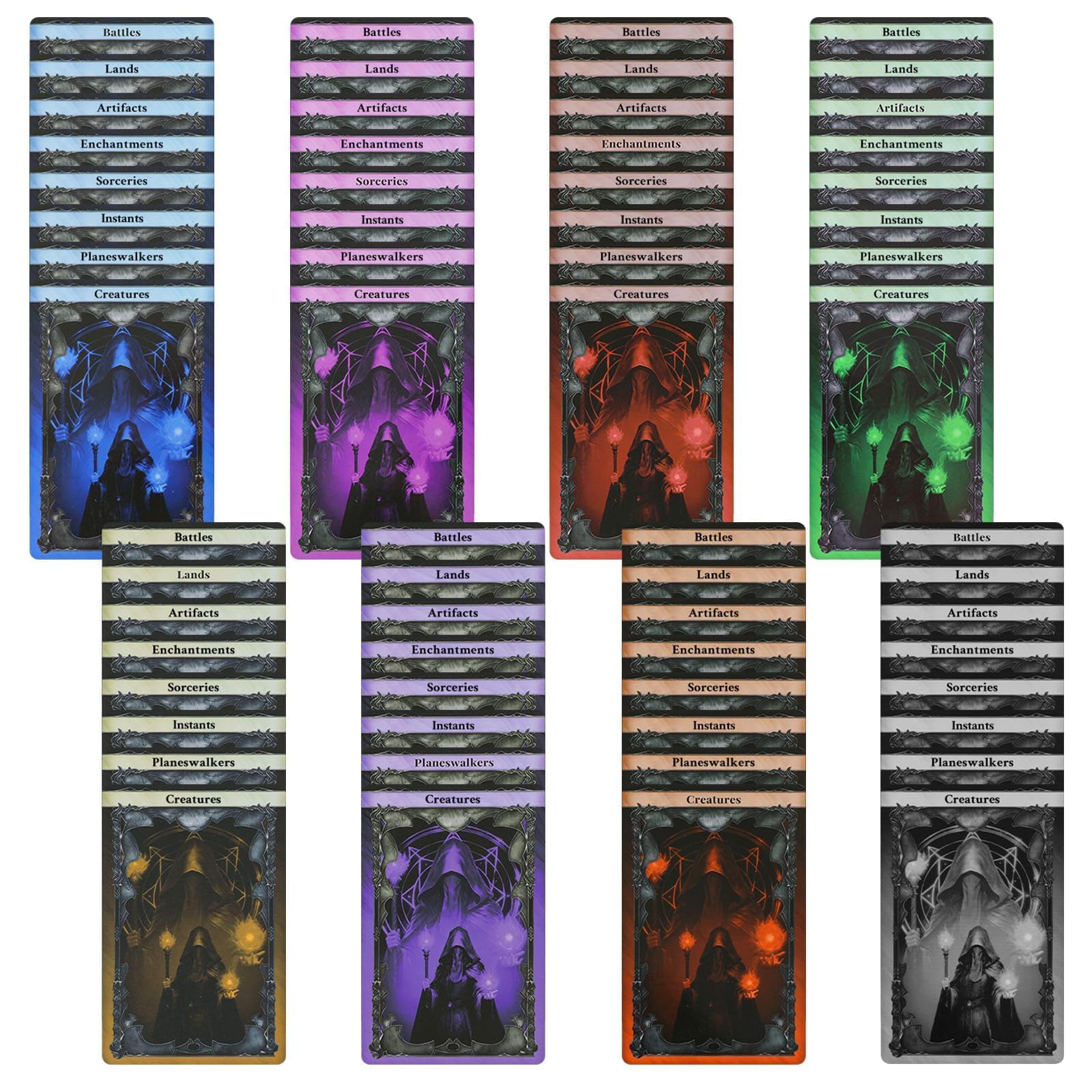 DEDC 320 PCS Card Dividers for Storage Boxes Includes 8 Colors and 8 Types Trading Card Dividers for TCG and MTG Card Dividers for Professional Organization and Deck Sorting