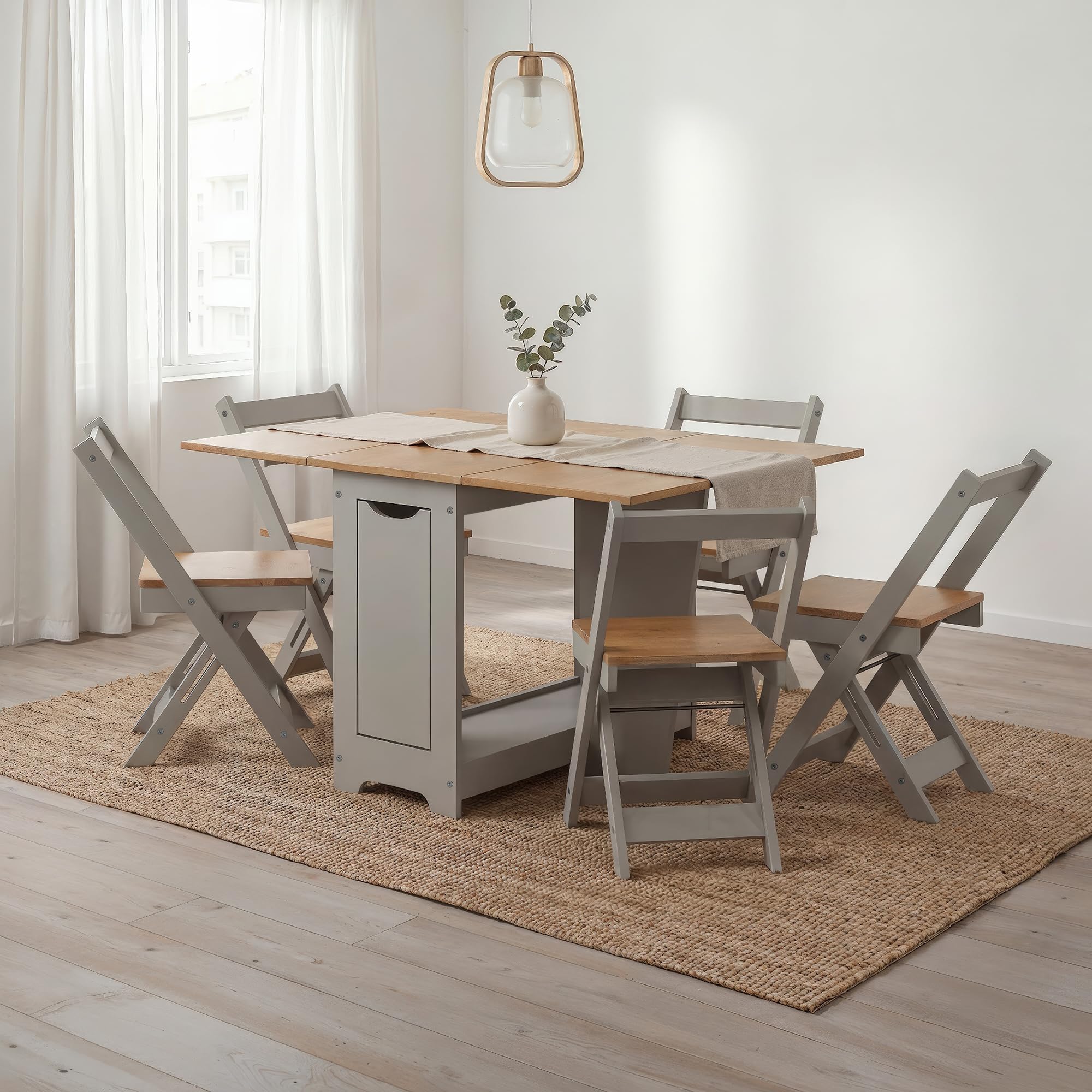 Corona Butterfly Dining Set Folding Table And 4 Folding Chairs Solid Wood Pine Wooden Drop Leaf Adjustable Kitchen Chair Storage Mexican 75cm High. 42/78/114cm Wide. 92cm Deep (Grey)