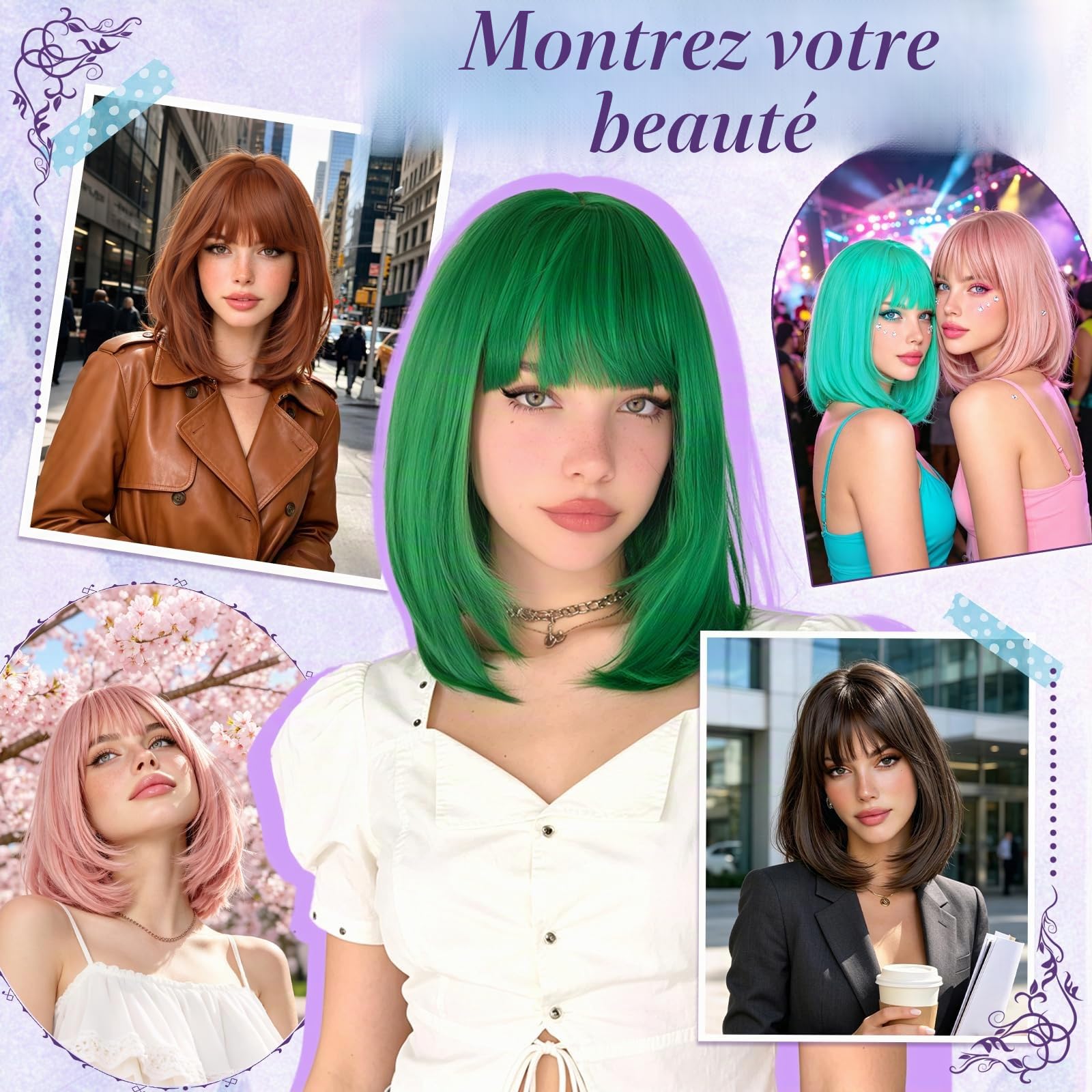 RUWISS Rouge Cuivré Perruque Courte Droite avec Frange, 35 cm Bob Layered Perruques pour Femme Classique Bob Synthétiques Résistantes pour Usageet Quotidien et Cosplay