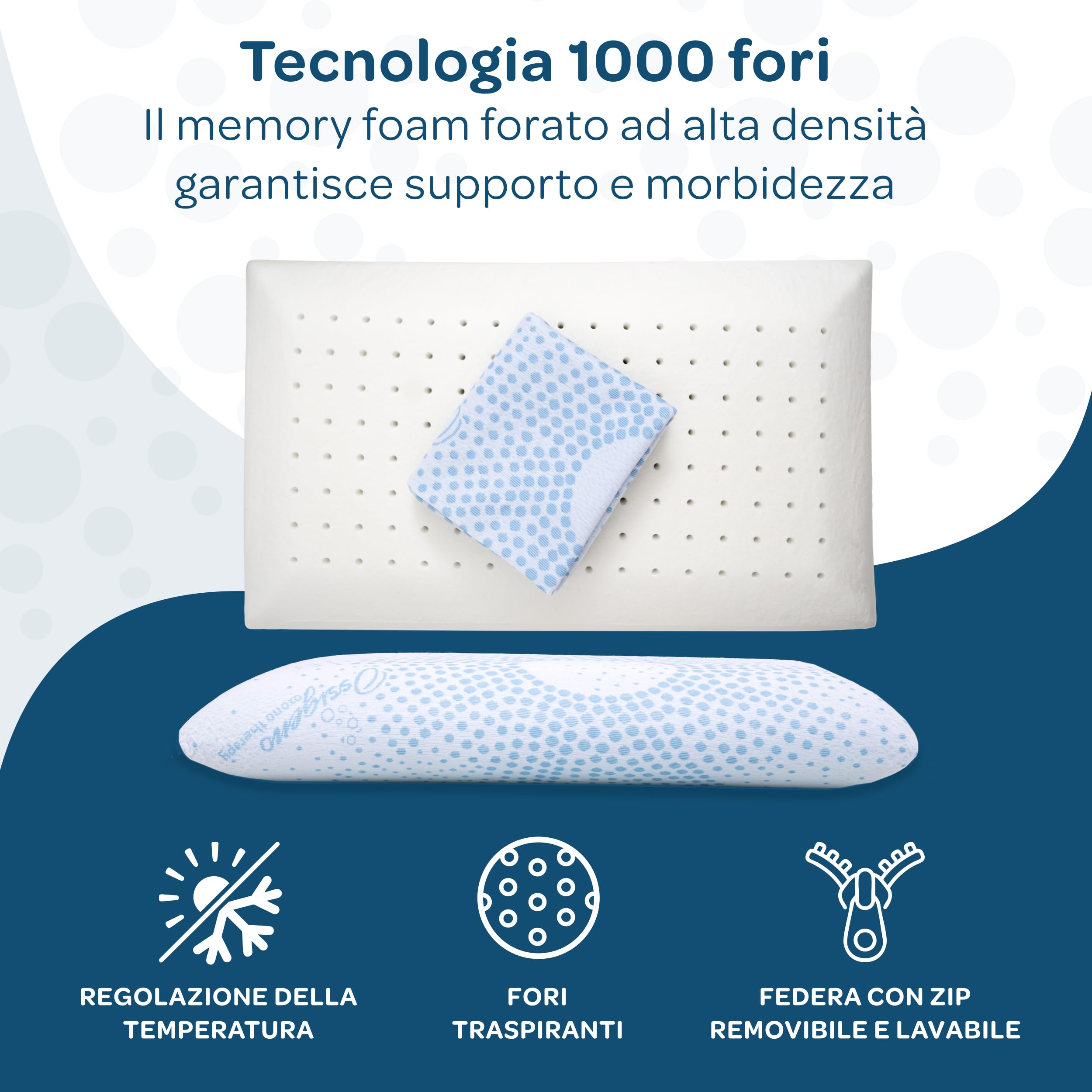 DOLCI SOGNI Cuscino Memory Foam 72x42x12 cm - Guanciale Memory Foam con Federa Lavabile Sanificata con Ossigeno Cerficata OEKO-TEX - 100% Made in Italy