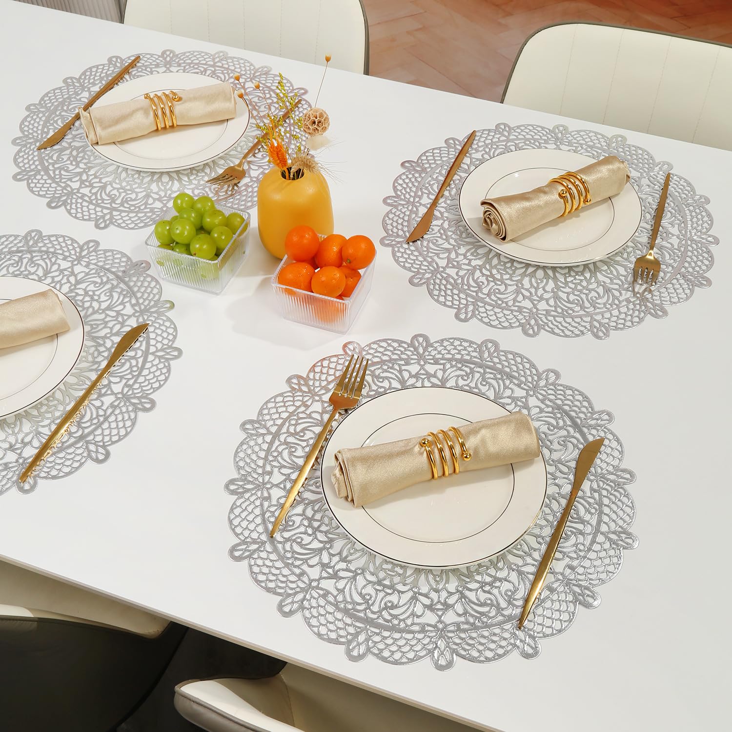 Salvamanteles Individuales, Juego de 4 Manteles Individuales y Posavasos Lavables de PVC Manteles Individuales de Lujo con Lámina de Oro Manteles Decorativos Resistentes al Calor para Restau