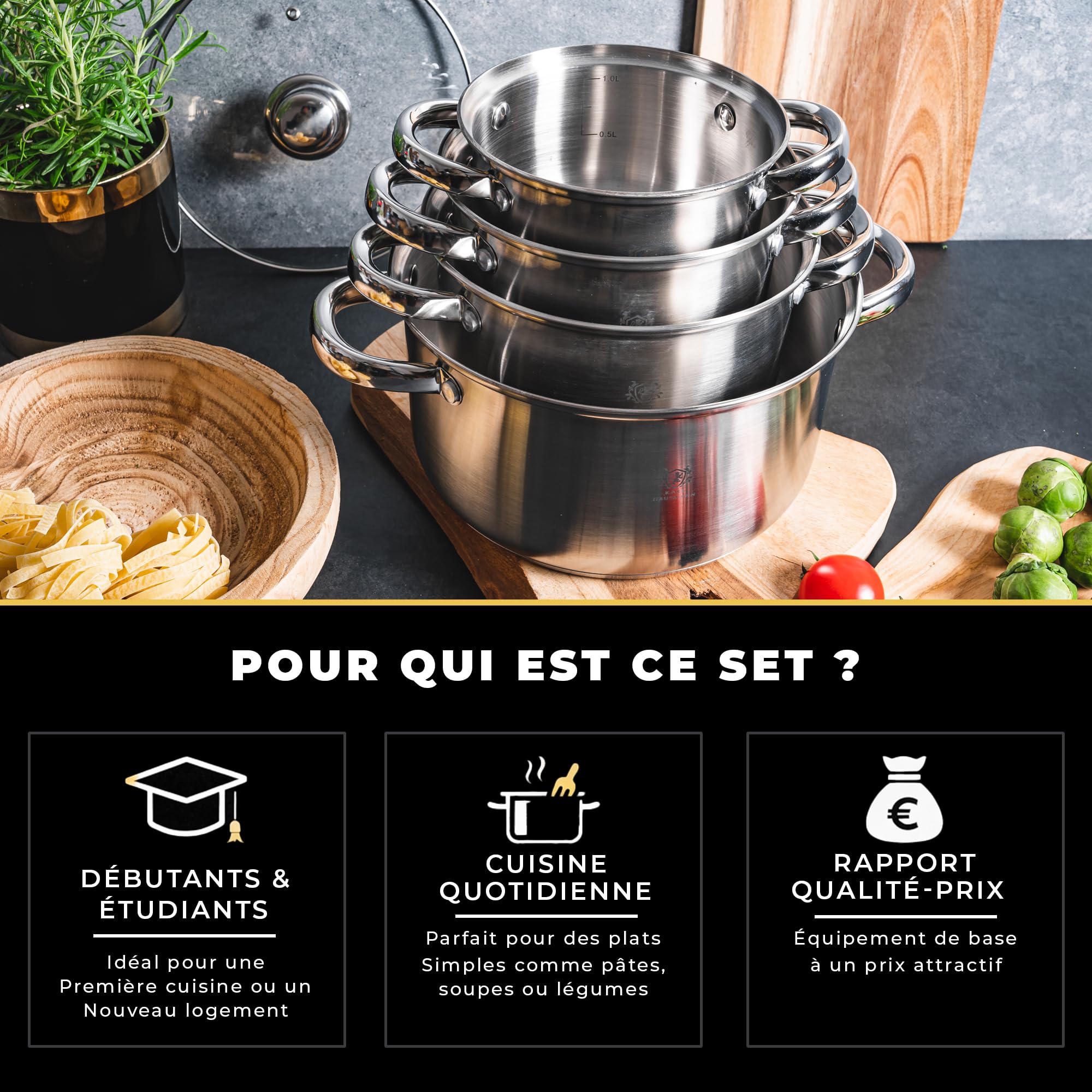 KARL HAUSMANN Lot de 4 Casseroles Induction Inox - Avec Couvercle Verre - Sans Revêtement - Compatibles Cuisinière, Gaz, Électrique - Graduation Intégrée - Set Casserole Tout Feux Cuisine