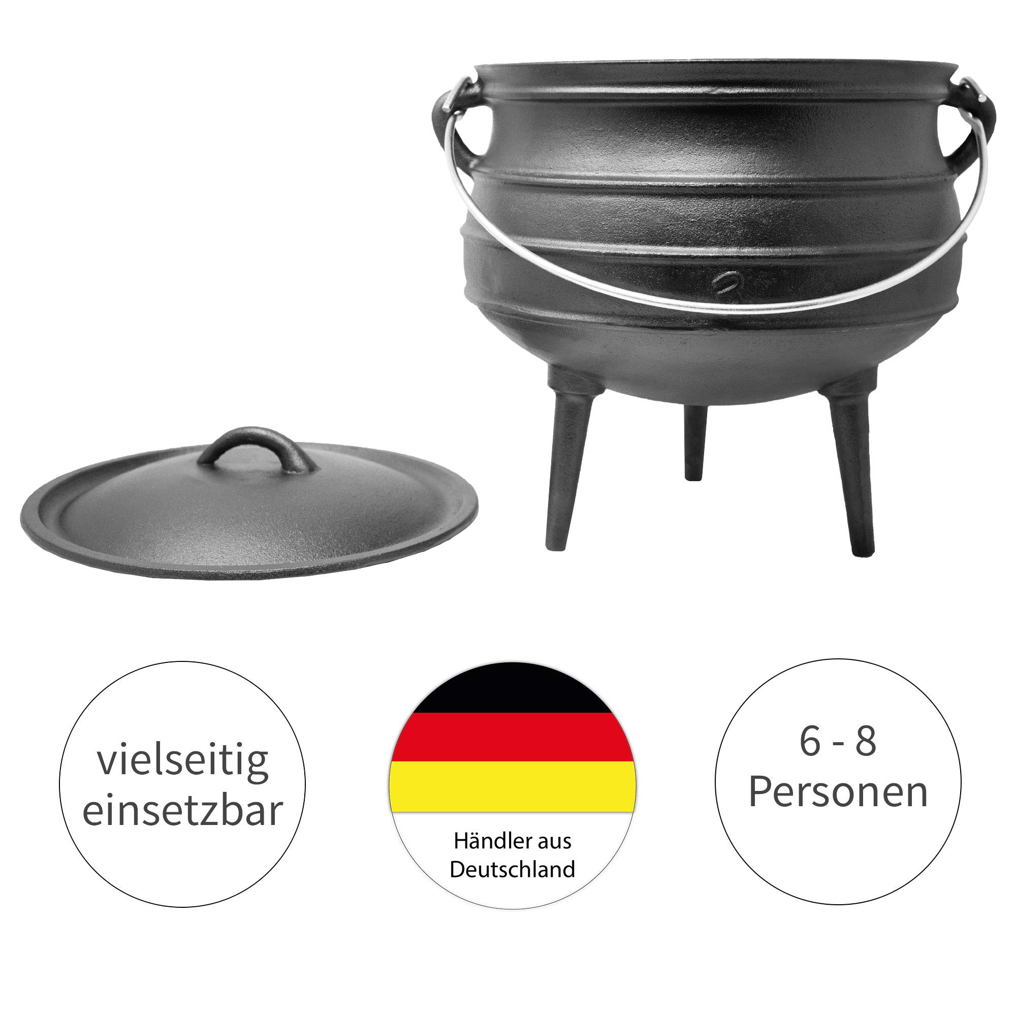 Potjie in ghisa "Beefalo" #3 | Pentola tradizionale sudafricana in ghisa | Una variante del forno olandese con coperchio e piedi d'appoggio | Capacità: 8 litri