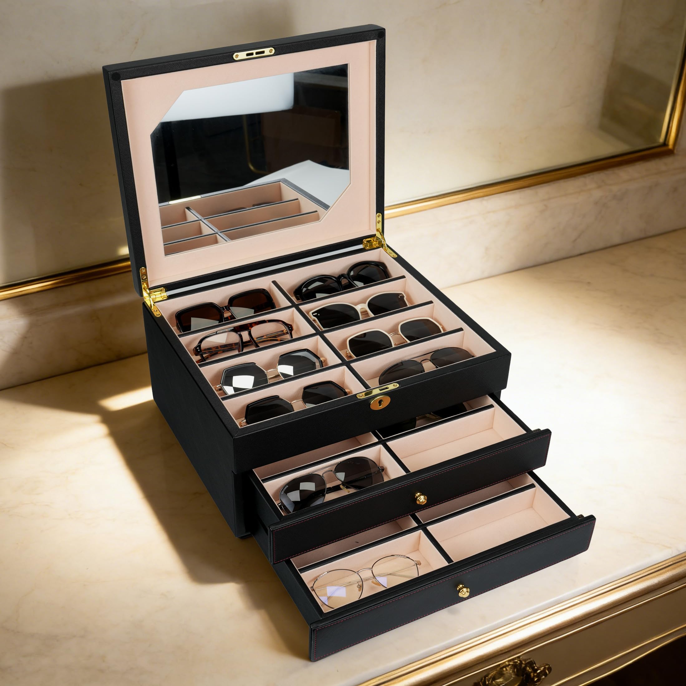 Luxuriöses Sonnenbrillenetui, 3-lagig, 24 Schlitze, Brillen-Organizer, Brillenaufbewahrungsbox für Damen und Herren, PU-Leder mit Spiegel (schwarzes PU)
