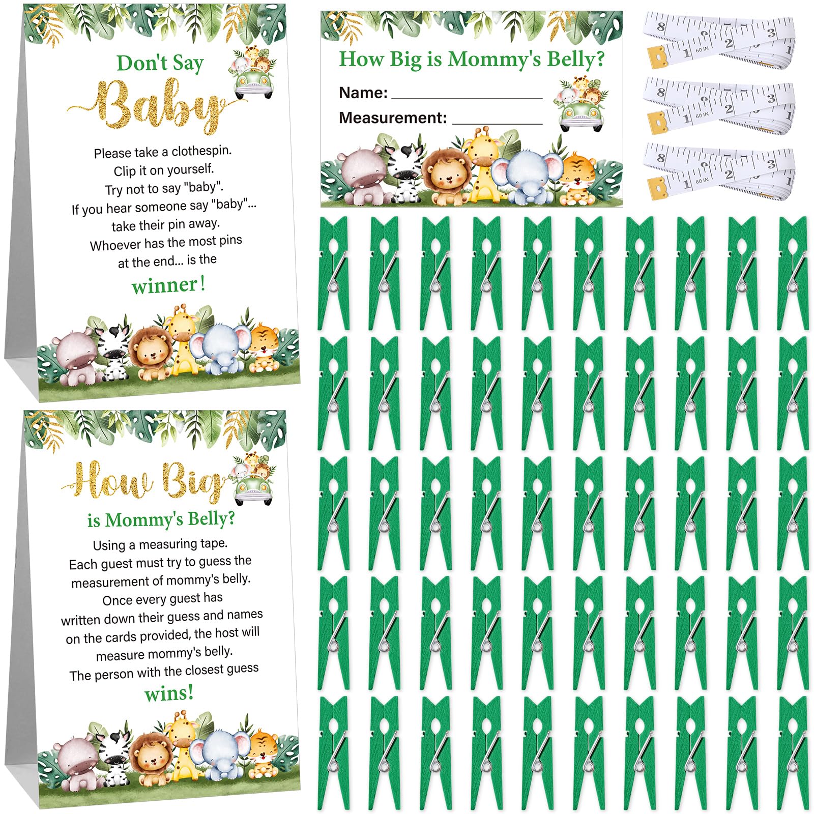 Suzile 105 Pcs Baby Shower Games Include How Big is Mommy's Belly Game Measure Mommy's Belly Sign Don't Say Baby Sign, 50 Mini Clothespin 50 Guessing