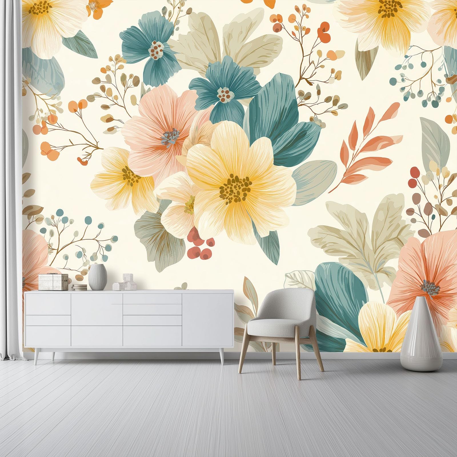 Papier peint fleurs aquarelle dissimuler imperfections mur salon crème 350x256