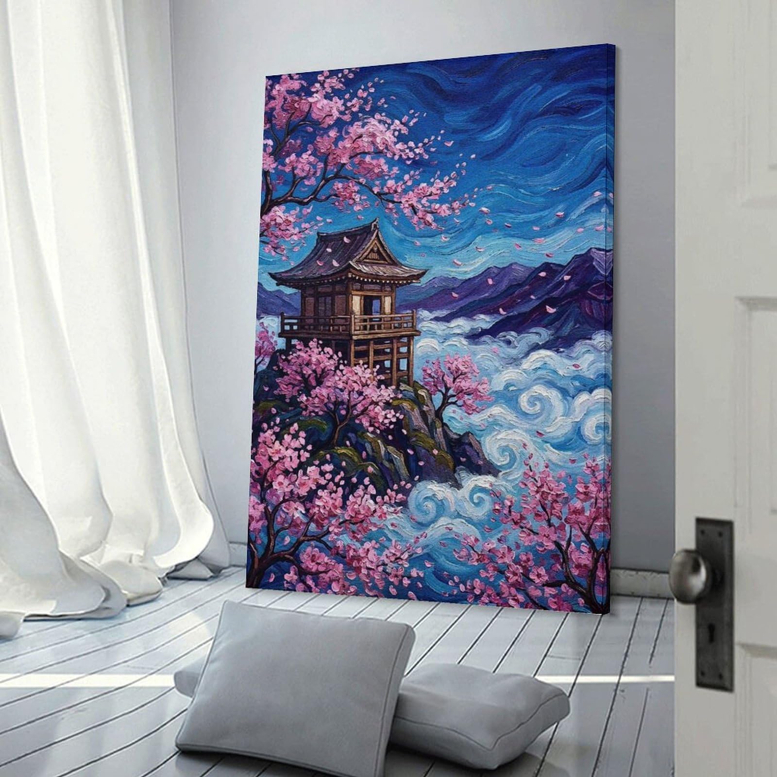Junmoney Japanese Pagoda with Cherry Blossoms Painting Wall Art Print, 16x24inch(40x60cm), for Workspace Walls, Study Corners Or Bedrooms, A Smart Decor Choice for Study Walls