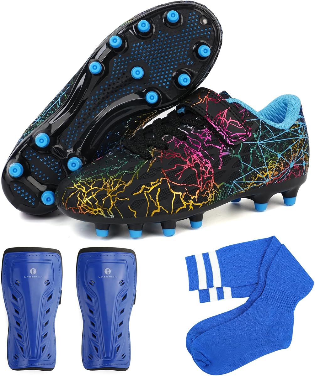 Kids Firm Ground Soccer Cleats Girls Football Cleats with Shin Guards and Soccer Socks