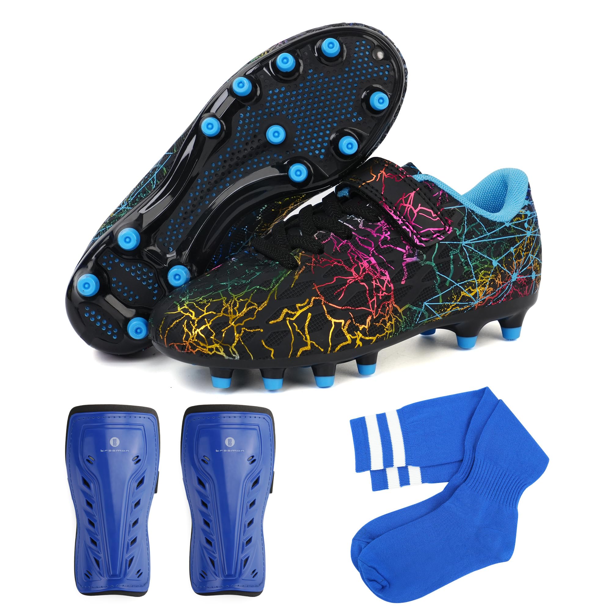 brooman Kids Firm Ground Soccer Cleats Girls Football Cleats with Shin Guards and Soccer Socks